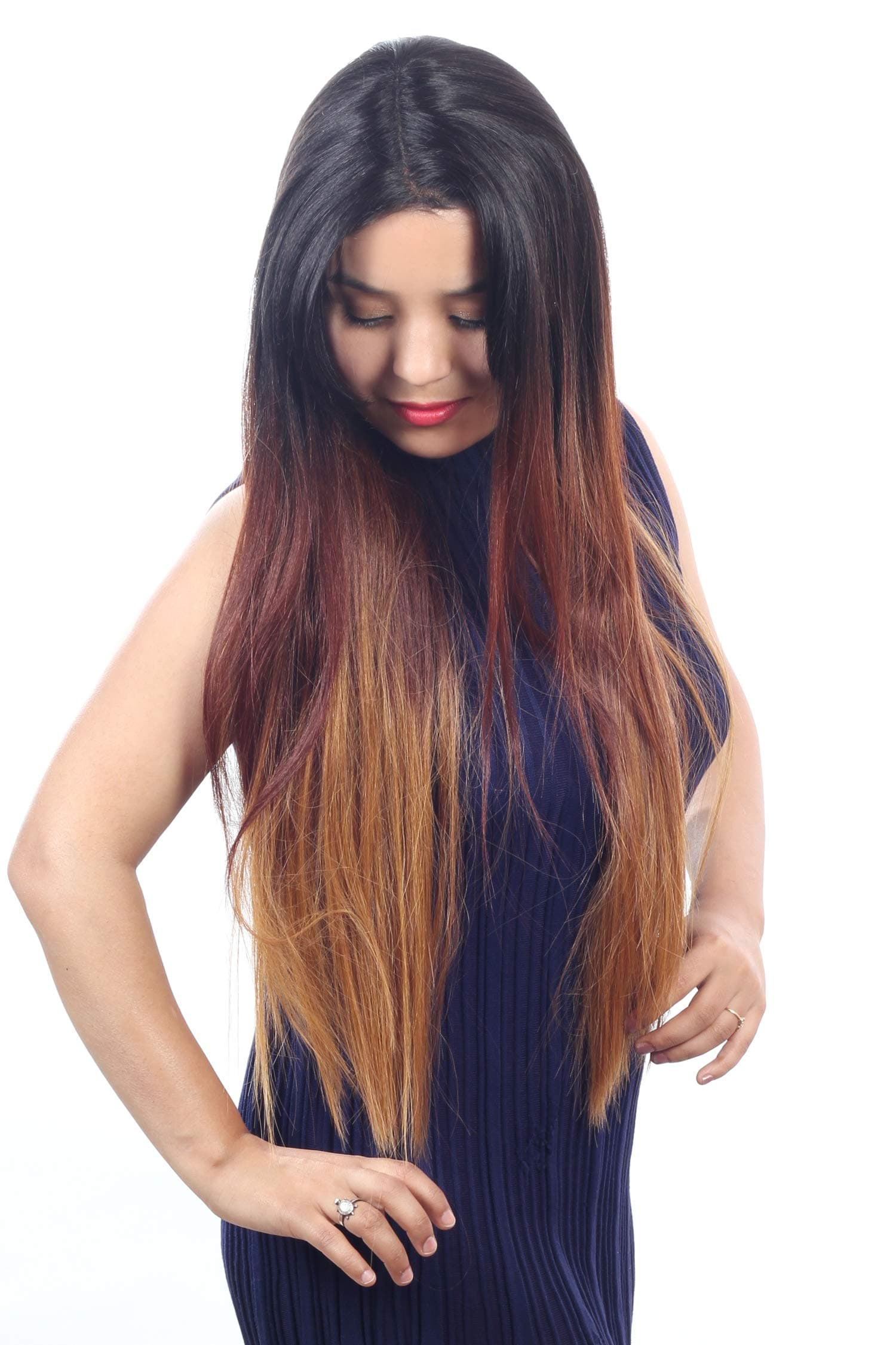 Ritzkart 32 Inch Long Front Lace Brown Golden Hair Ombre straight Wig Heat Resistant Synthetic Hair for Woman - black