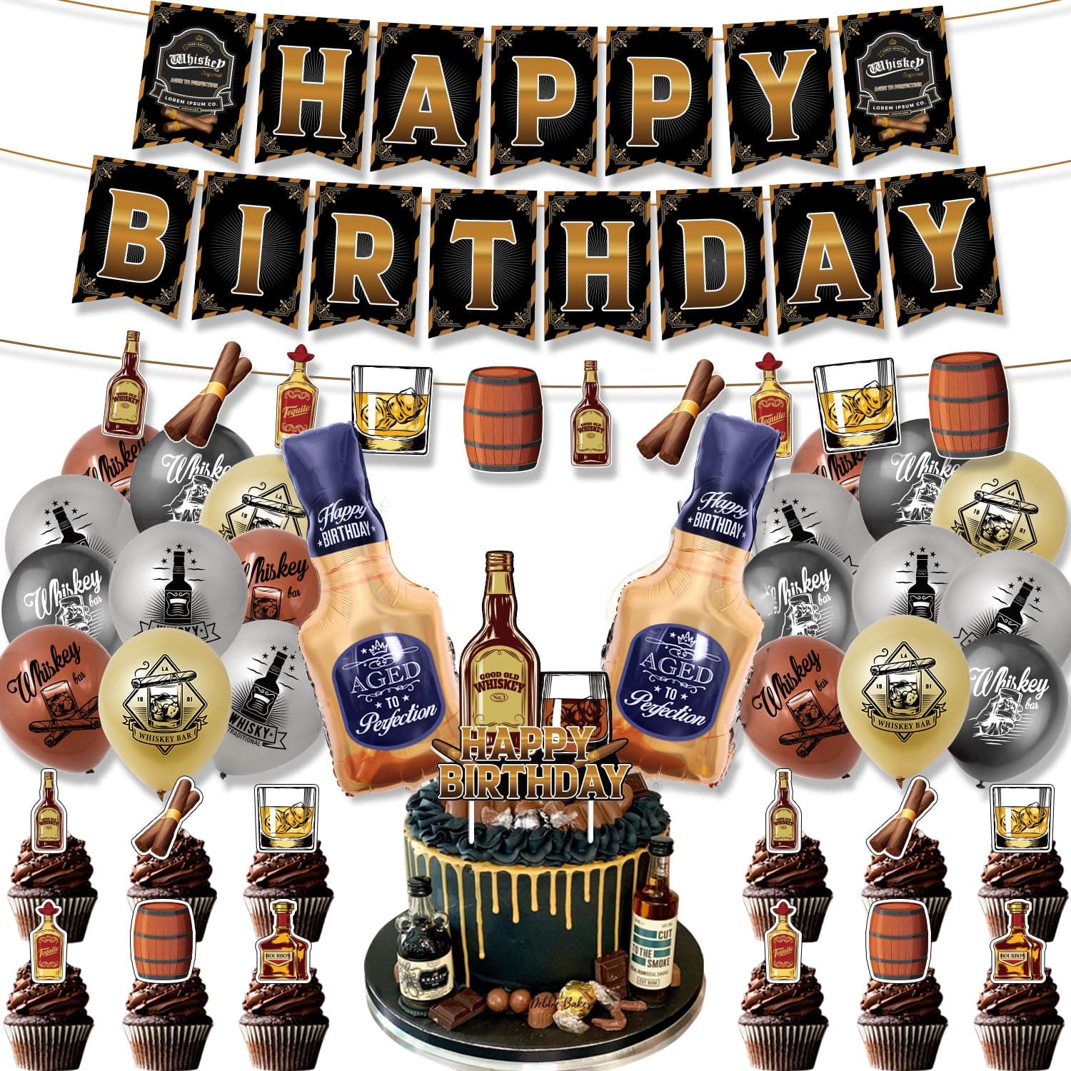 Whiskey Party Decorations，Aged To Perfection Party Supplies，Birthday Decorations For Men，Set Include Banner Balloons Cake Tops…