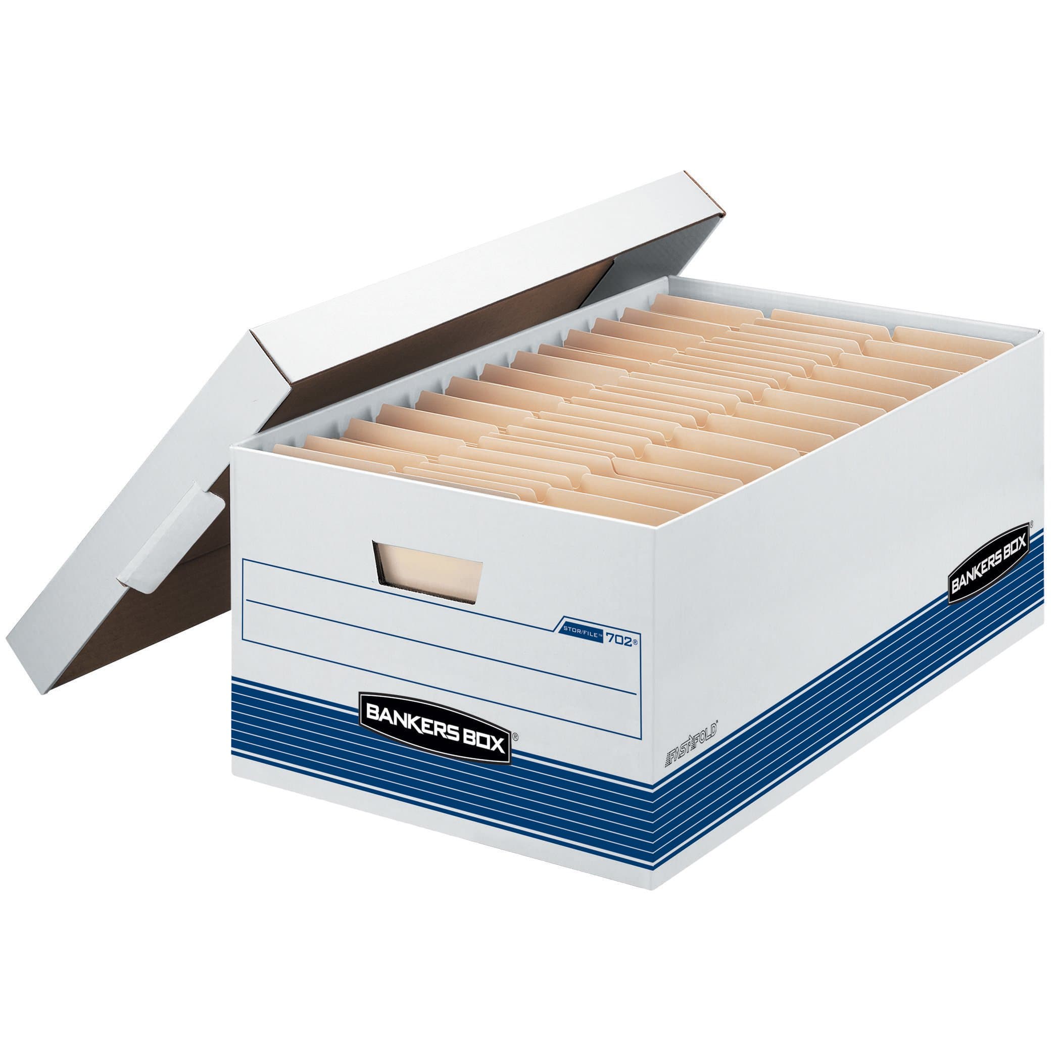 Bankers BoxSTOR/FILE Medium-Duty Storage Boxes, FastFold, Lift-Off Lid, Legal, 4 Pack (0070205), White/Blue, 10.3" x 15.9" x 25.4"