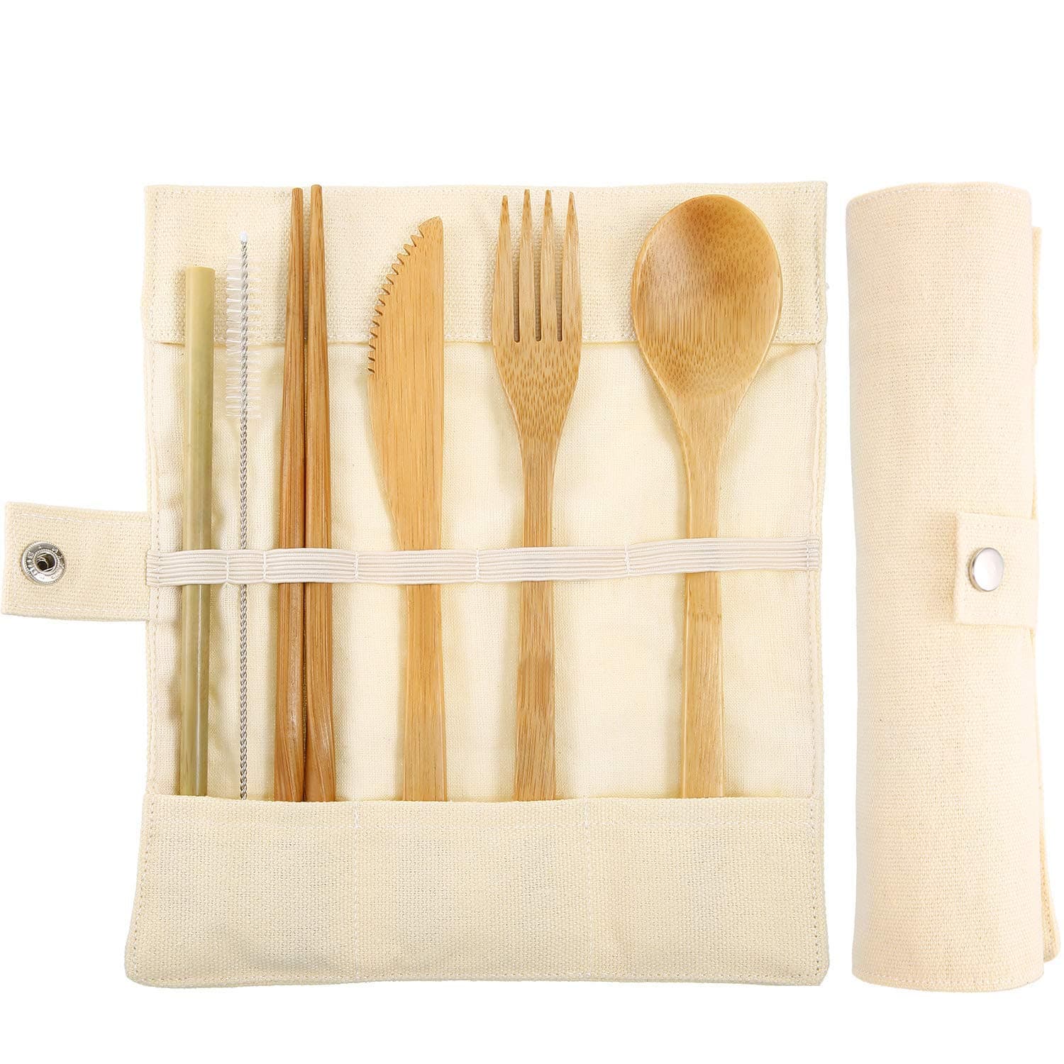 Bamboo Travel Cutlery Set, Eco Friendly Camping Flatware with Straw, Knife Fork Spoon Chopsticks,Organic Bamboo Utensils with Cotton Pouch for Camping, Picnic, Office and School Lunch (White)