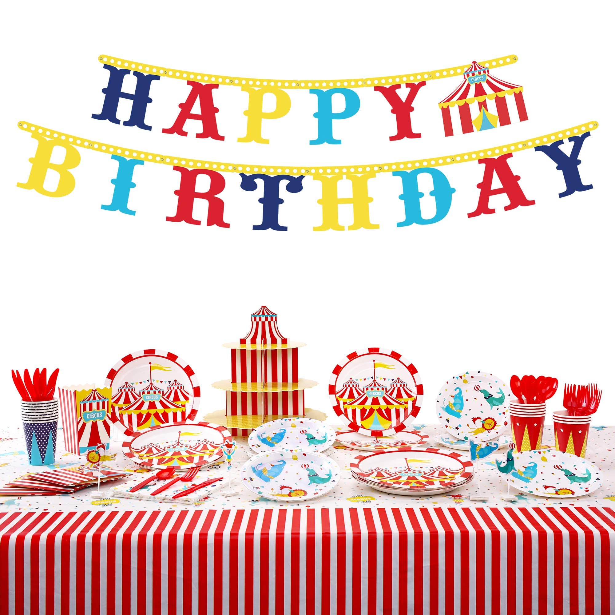 DECORLIFE 143PCS Circus Theme Party Supplies, Carnival Party Decorations Includes Circus Plates and Napkins, Cupcake Stand, Popcorn Boxes, Tablecloth, Banner, Serves 16