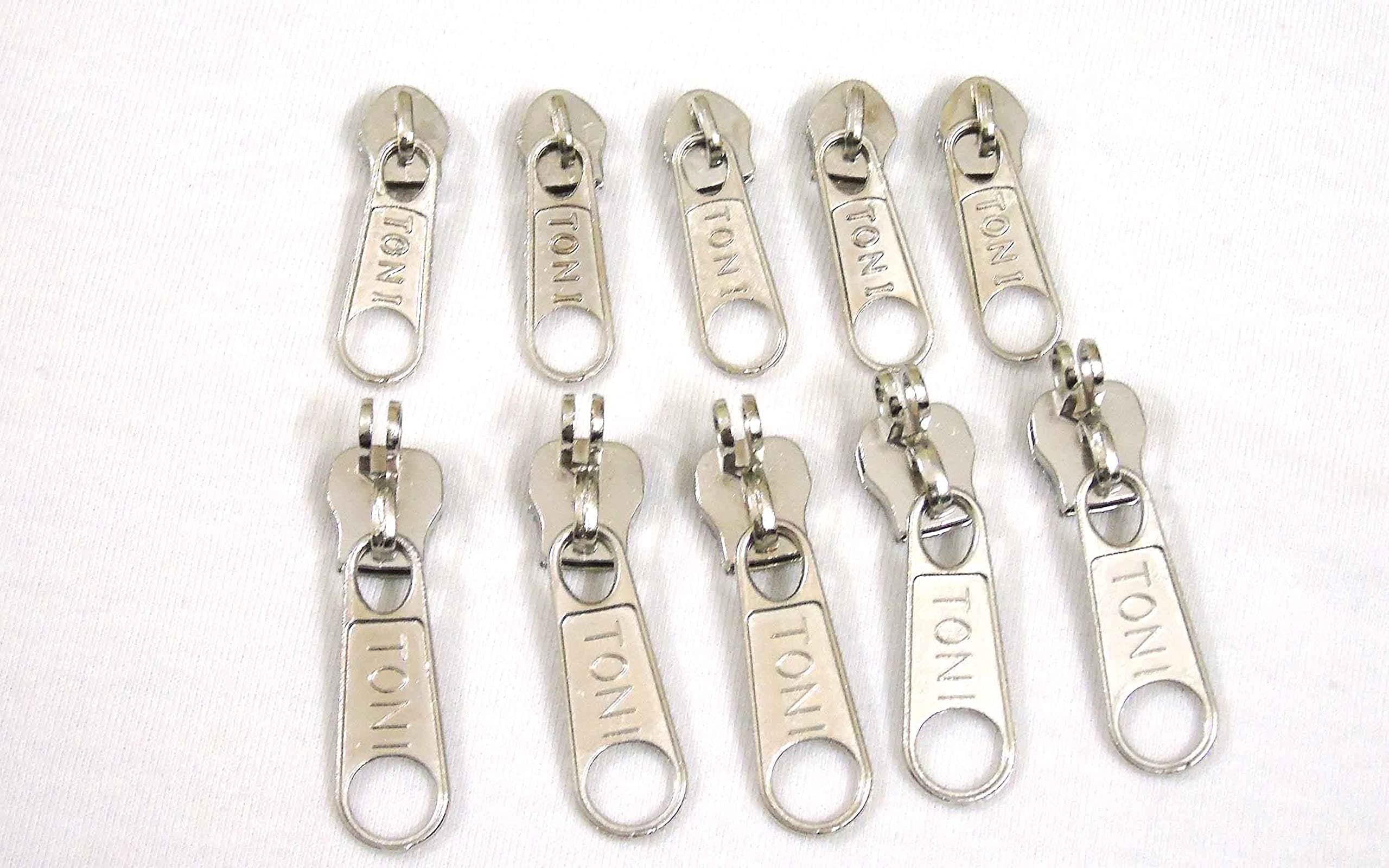 Strala Zipper Sliders Pull Zipper Sewing DIY Bag Repair, Jackets Etc 5 pcs Medium & 5 pcs Big Size Color- Silver (10Pcs) design-03
