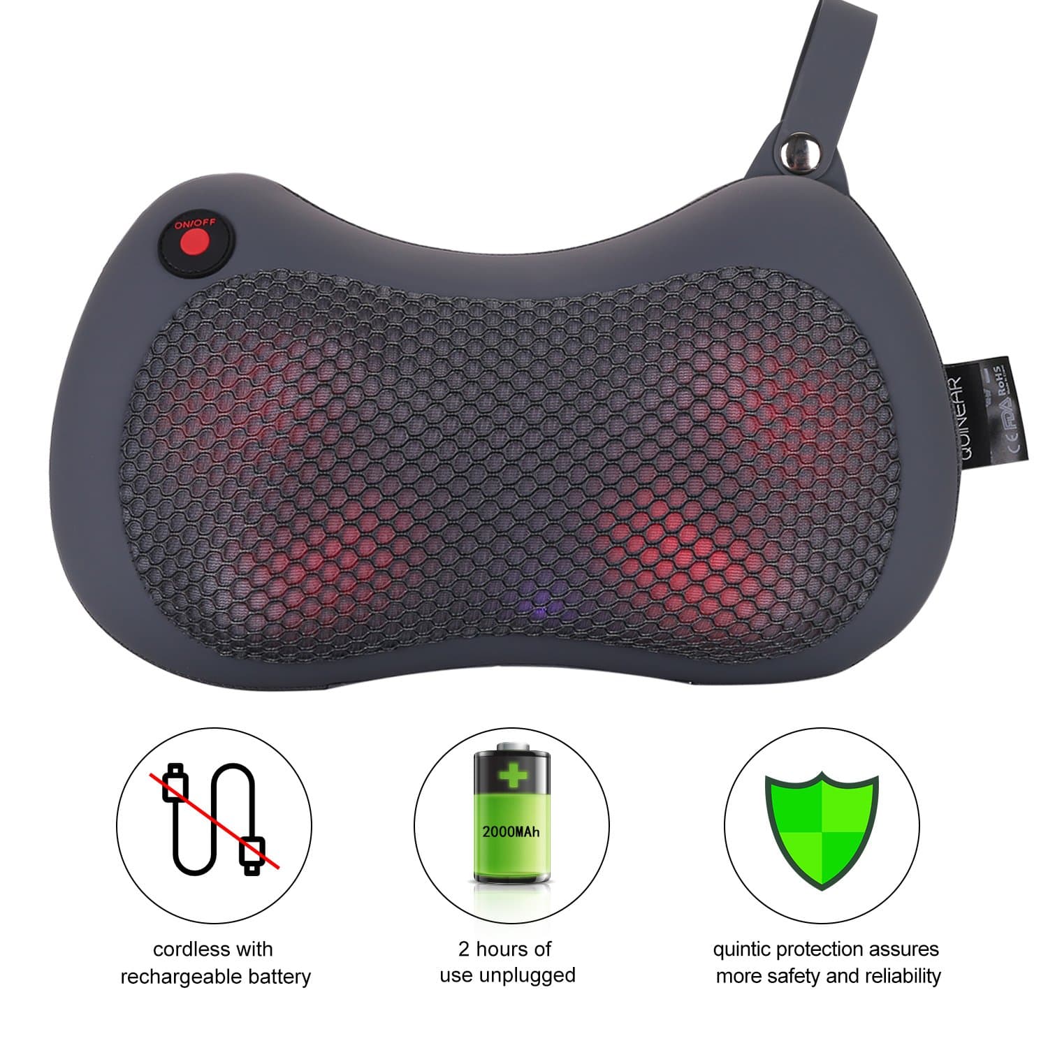 QUINEAR Cordless Massage Pillow with Heat for Neck Shoulder and Back Massage with Rechargeable Battery Home Office Car Use