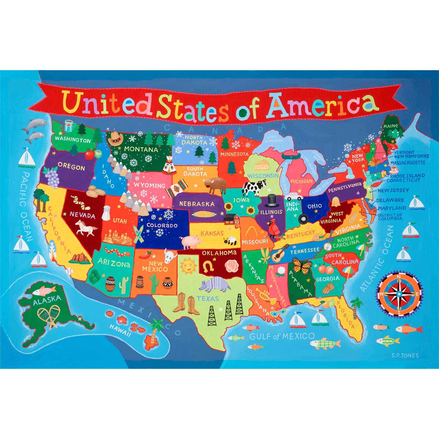 Waypoint Geographic Kids’ USA Wall Map, Laminated Map Poster for Kids, Informative Learning Resources, Illustrated Wall Map for Playroom and Classroom Decor, 24" x 36"