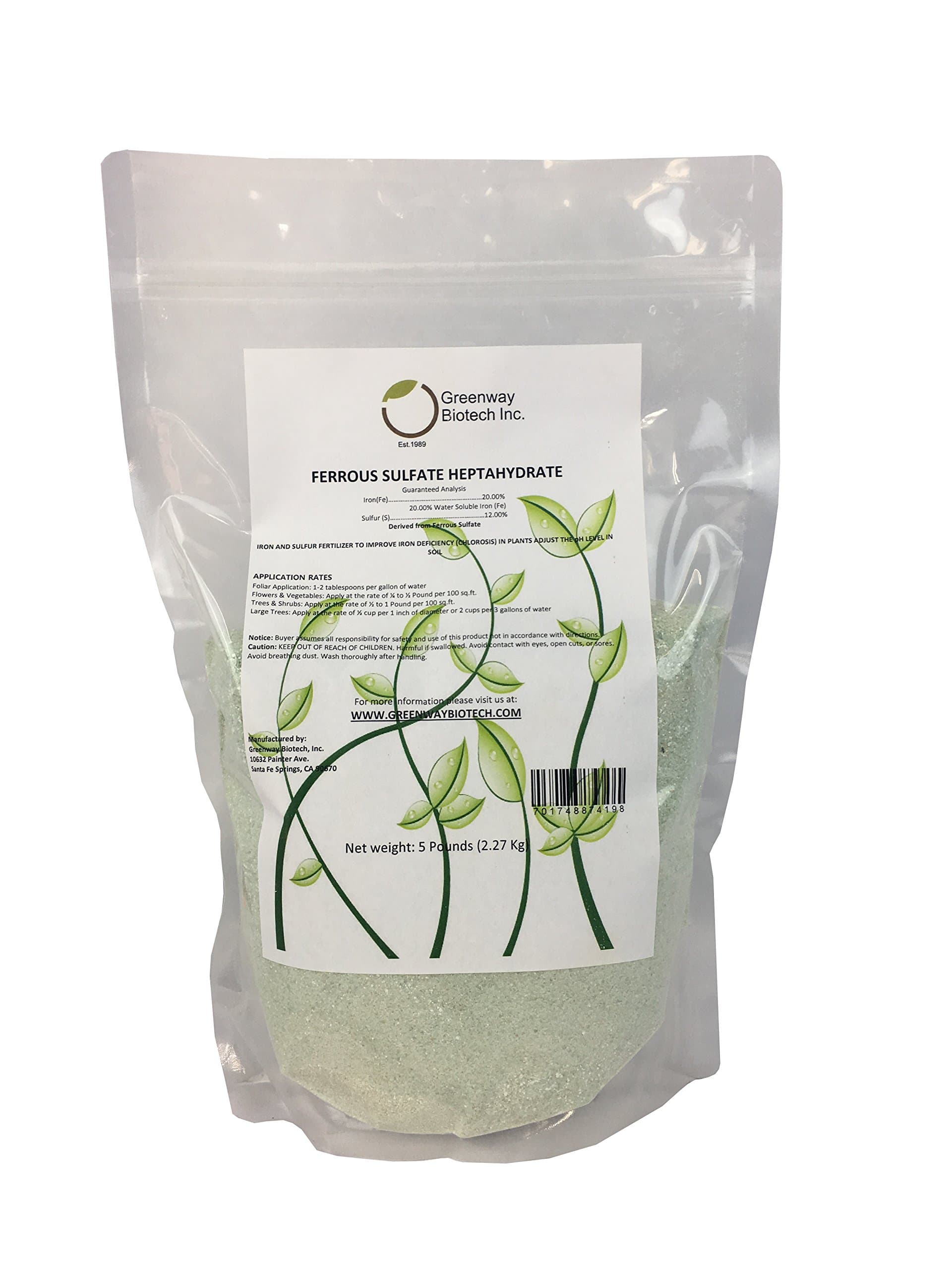 Greenway Biotech, Inc. Ferrous Sulfate Heptahydrate 20% Iron (Fe) 12% Sulfur (S) 100% Water Soluble Powder Brand 5 Pounds