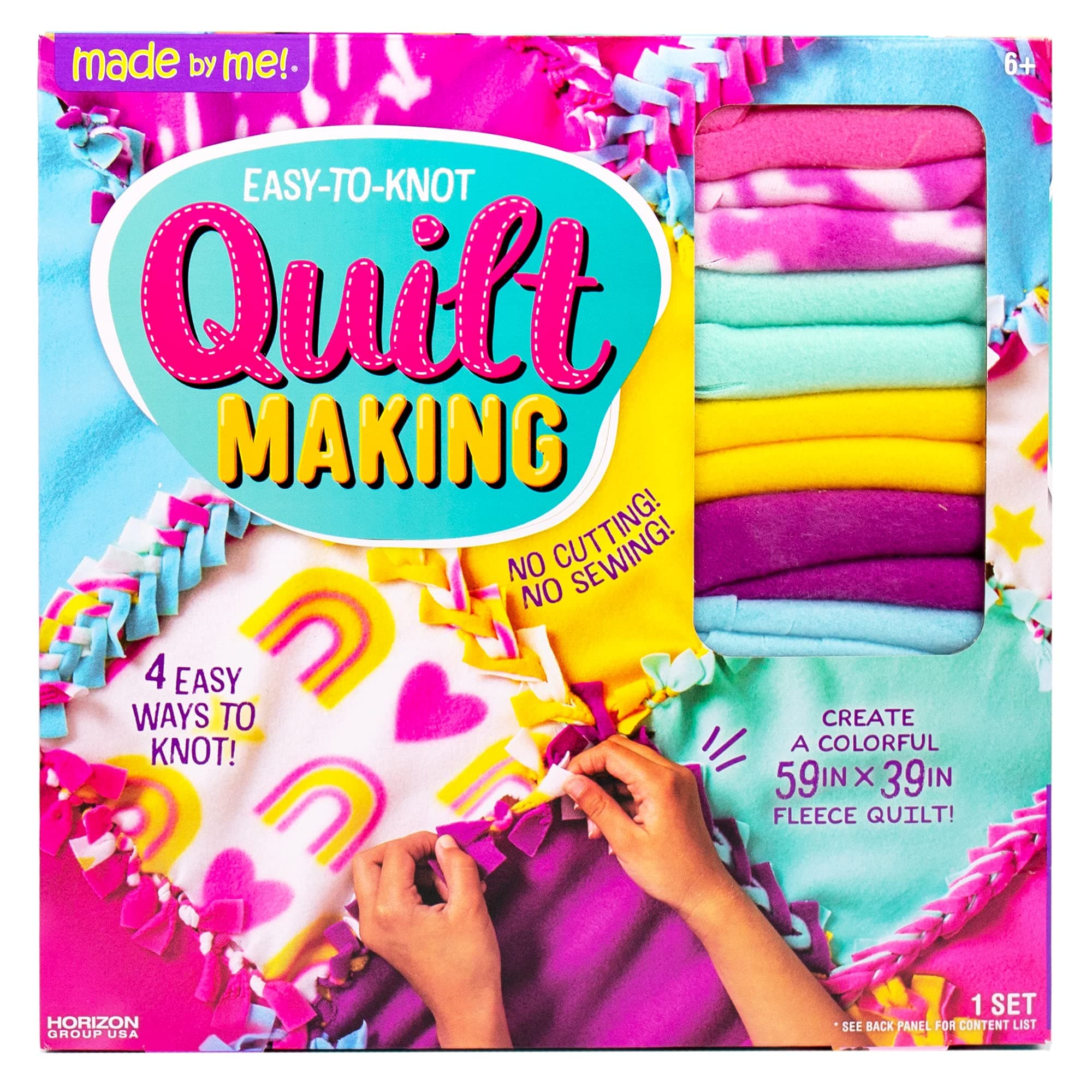 Made By Me Easy-to-Knot Quilt Making by Horizon Group USA, Create a 59” x 39” Fleece Quilt, No Cutting or Sewing Necessary, Includes 20 Fabric Squares & Felt Embellishments, Learn 4 Ways to Knot