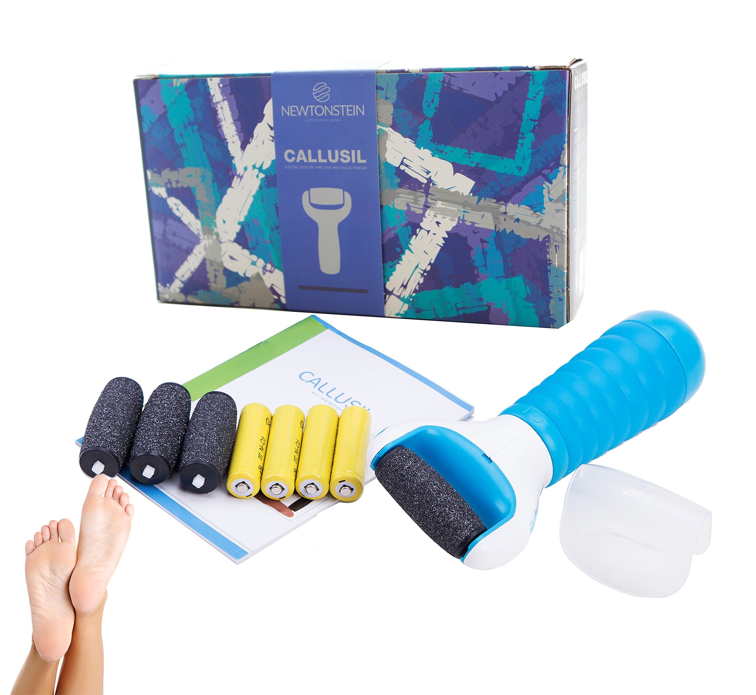 Ava Moritz - Callusil - Rechargeable Electric Pedicure Hard Skin and Callus Remover, Removes Dry, Hard, Cracked and Callused Skin + 2 Coarse and 2 Extra Coarse Replacement Rollers Normal and Sensitive Skin + Rechargeable Batteries