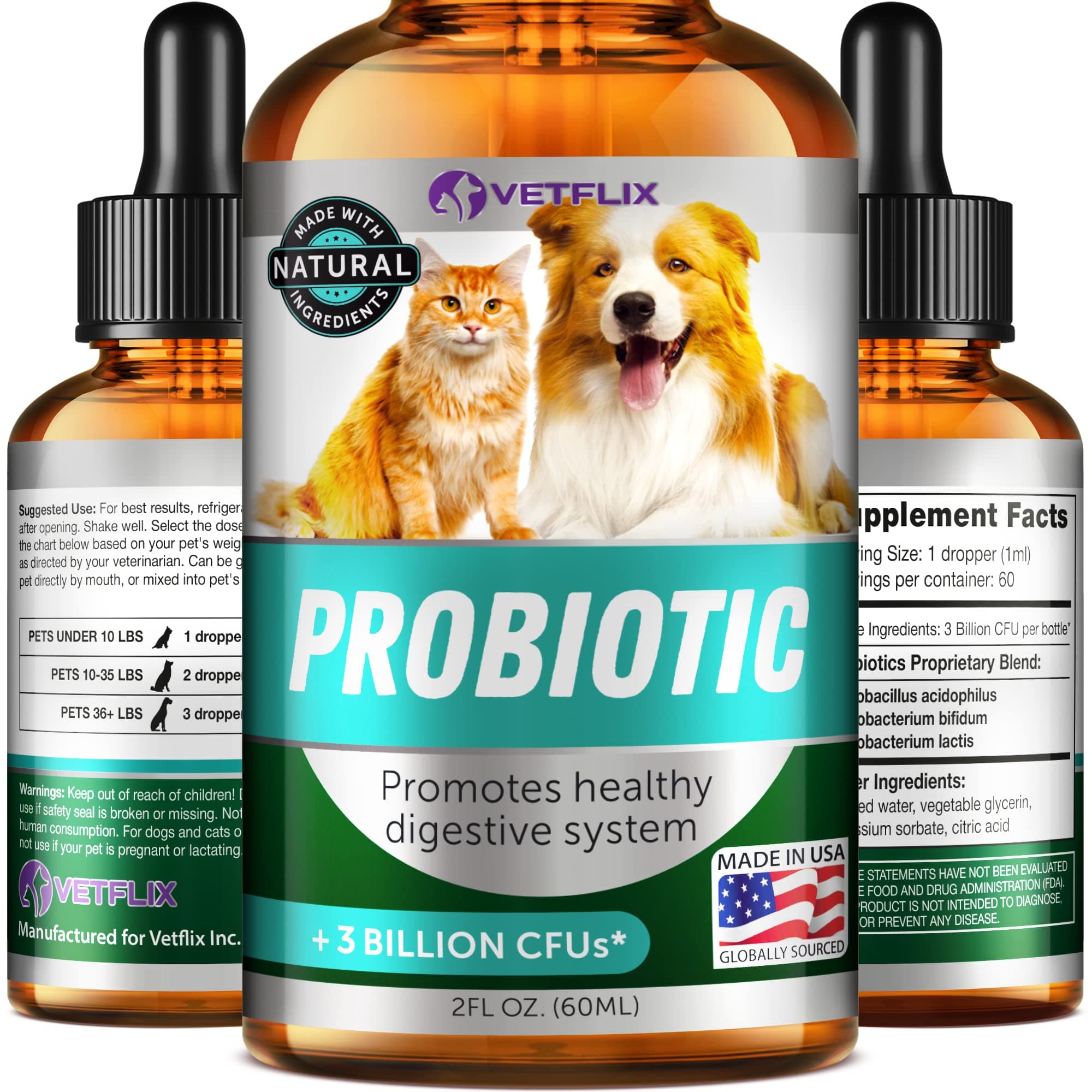 Premium Probiotics for Dogs, Cats, Puppies and Kittens - Digestive Enzymes and Prebiotics Supplement - Supports Digestive Health and Gut Balance - 2 Fl Oz