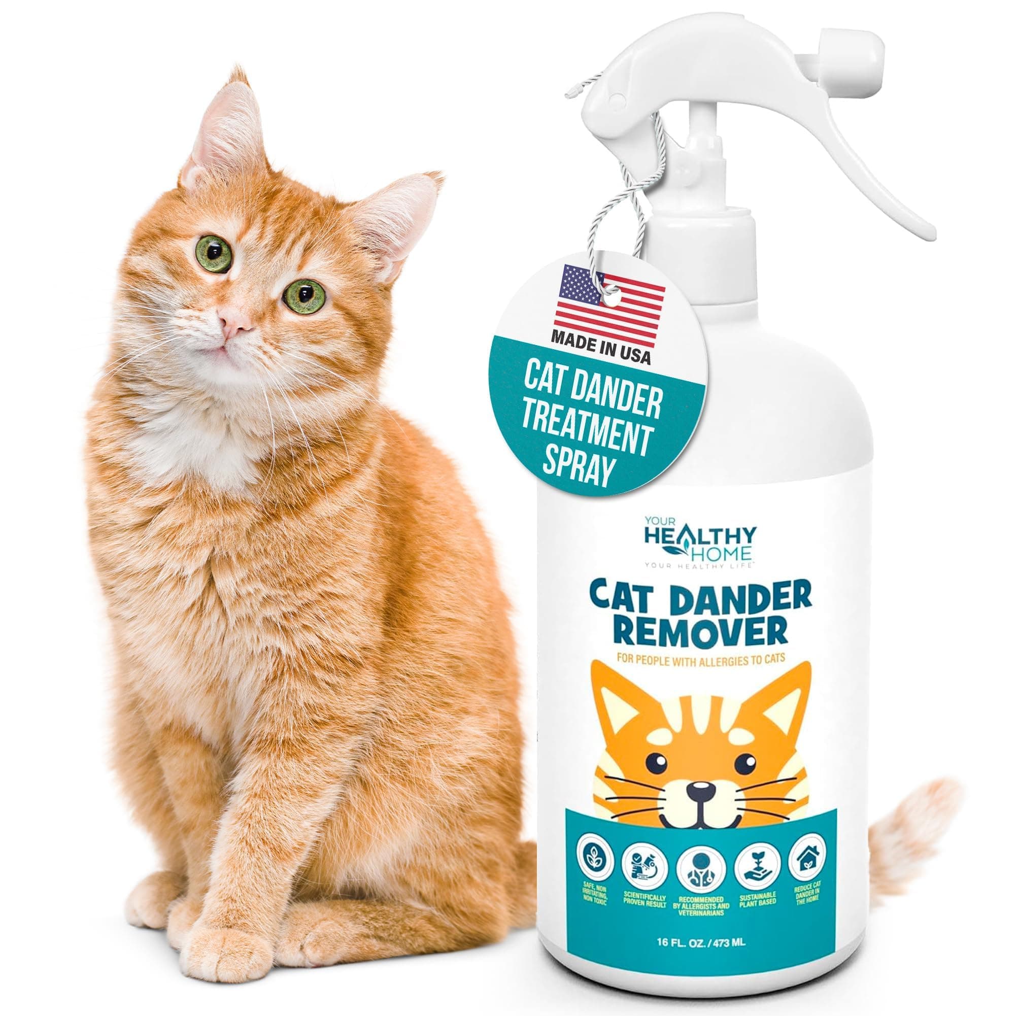 Cat Dander Remover & Allergy Relief Spray|All Natural Effective Treatment for Cat Allergies|Vet Recommend, Cruelty Free & Made in USA (16 oz)