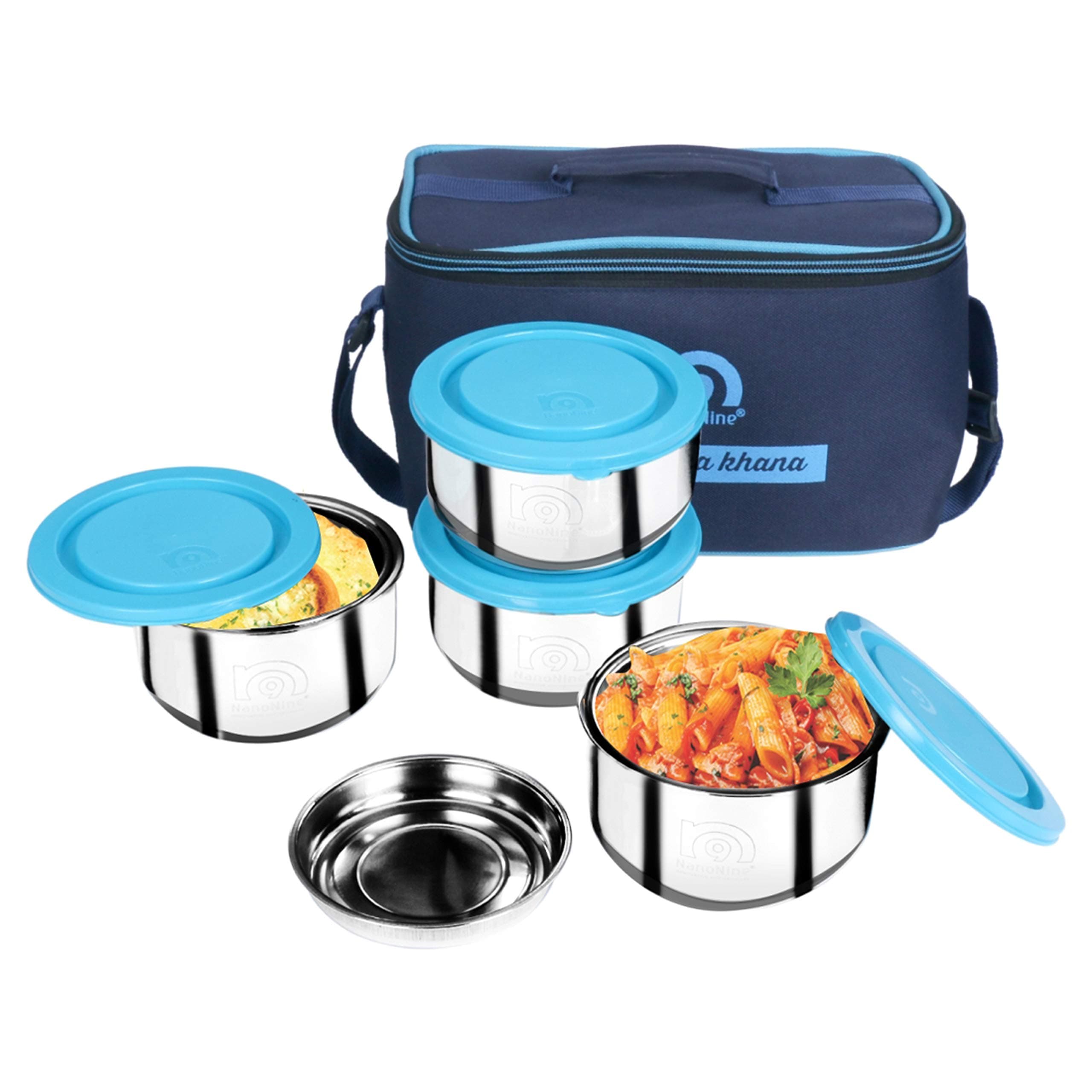 NanoNineTiffiny Mid Day Double Wall Insulated Stainless Steel Lunch Box, 260 ml, 4 pc, Royal Blue