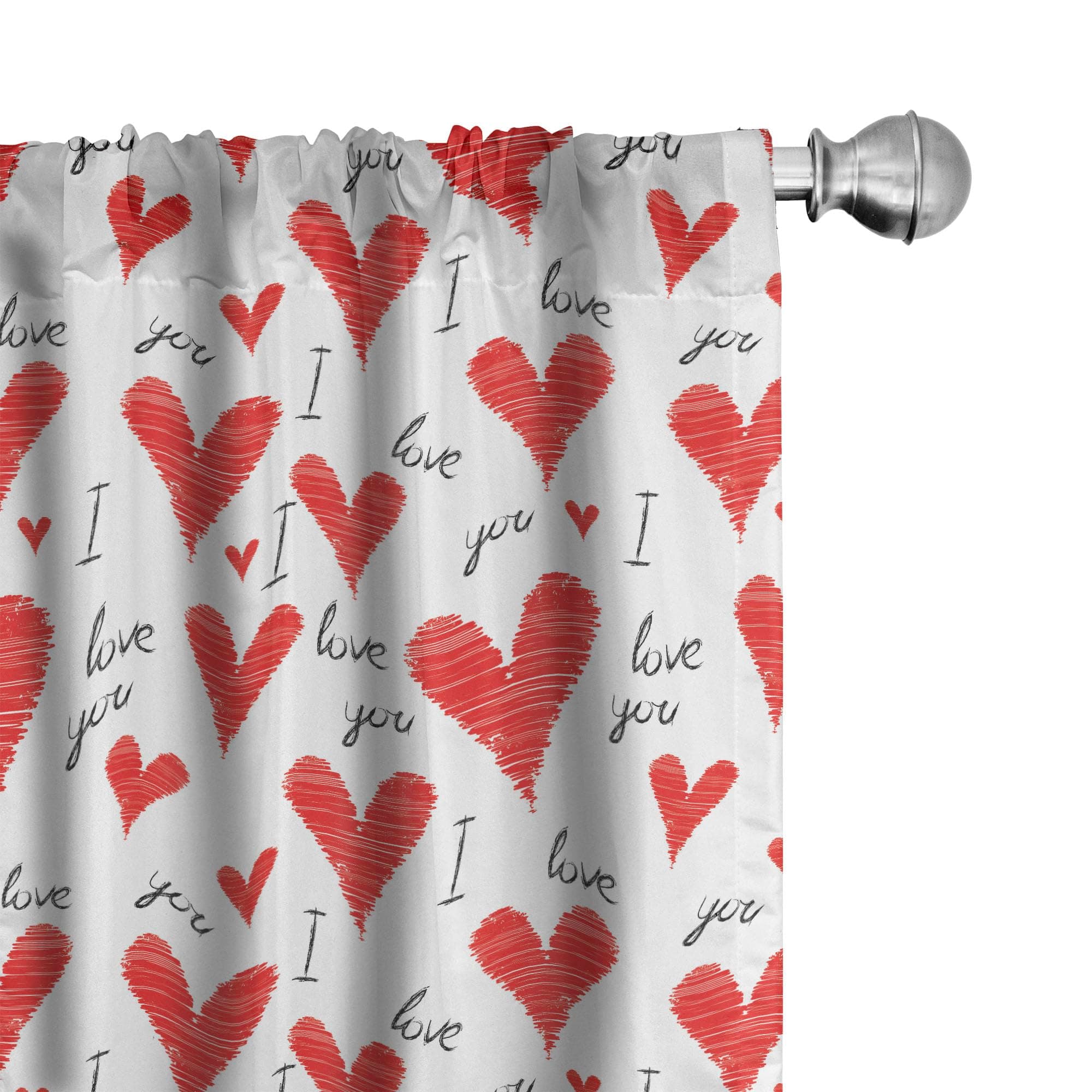 AmbesonneLove Window Curtains Pack of 2, Hand Written I Love You Phrases Heart Valentines Day Inspiration, Lightweight Set with Rod Pocket, 4 Panels of - 28" x 63", Vermilion White Black