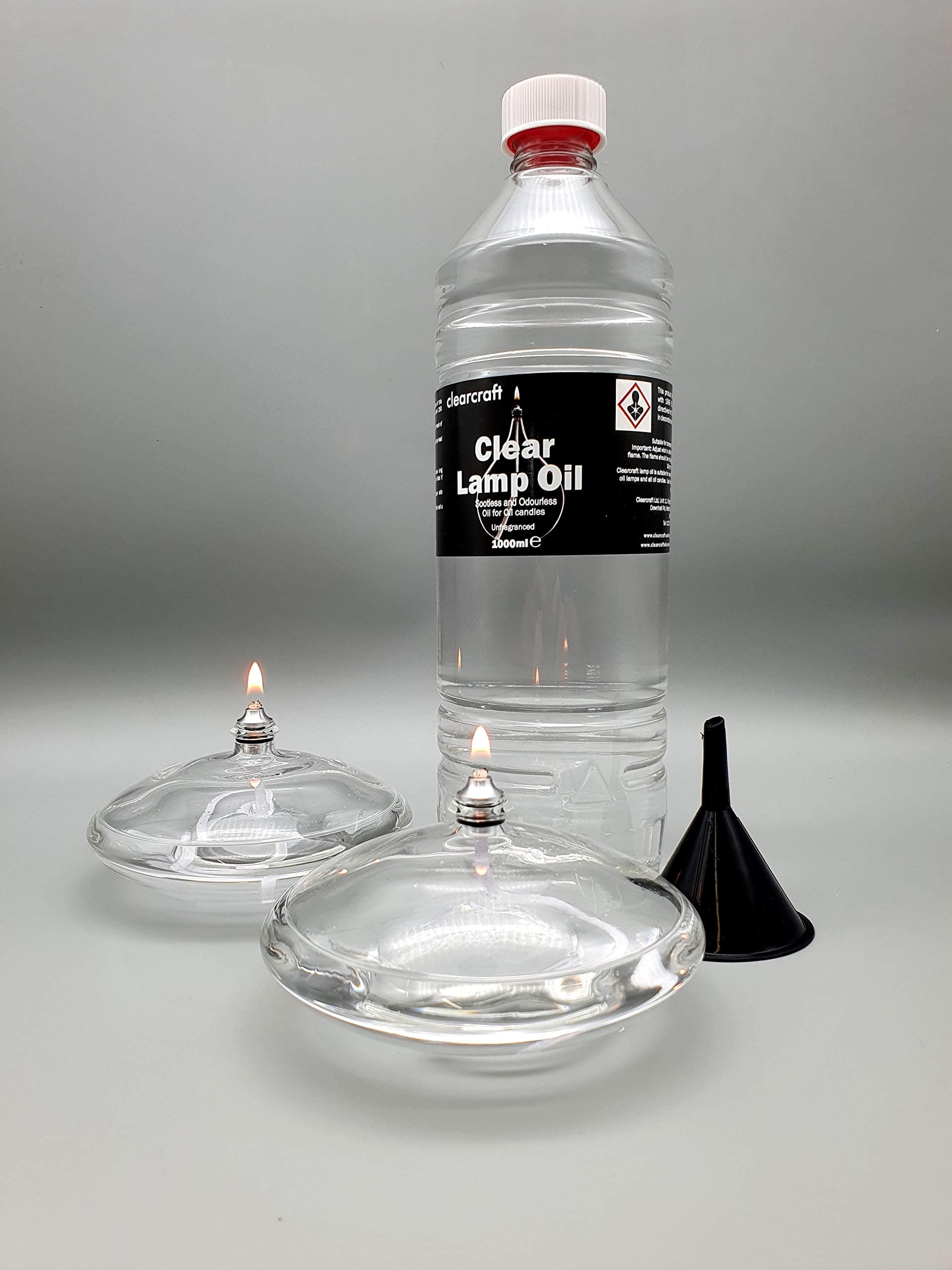 2 X 11cm Diameter Hand Blown Glass Oil Candle Lamps Plus One Litre Of Odourless Sootless Lamp Oil With Free Funnel