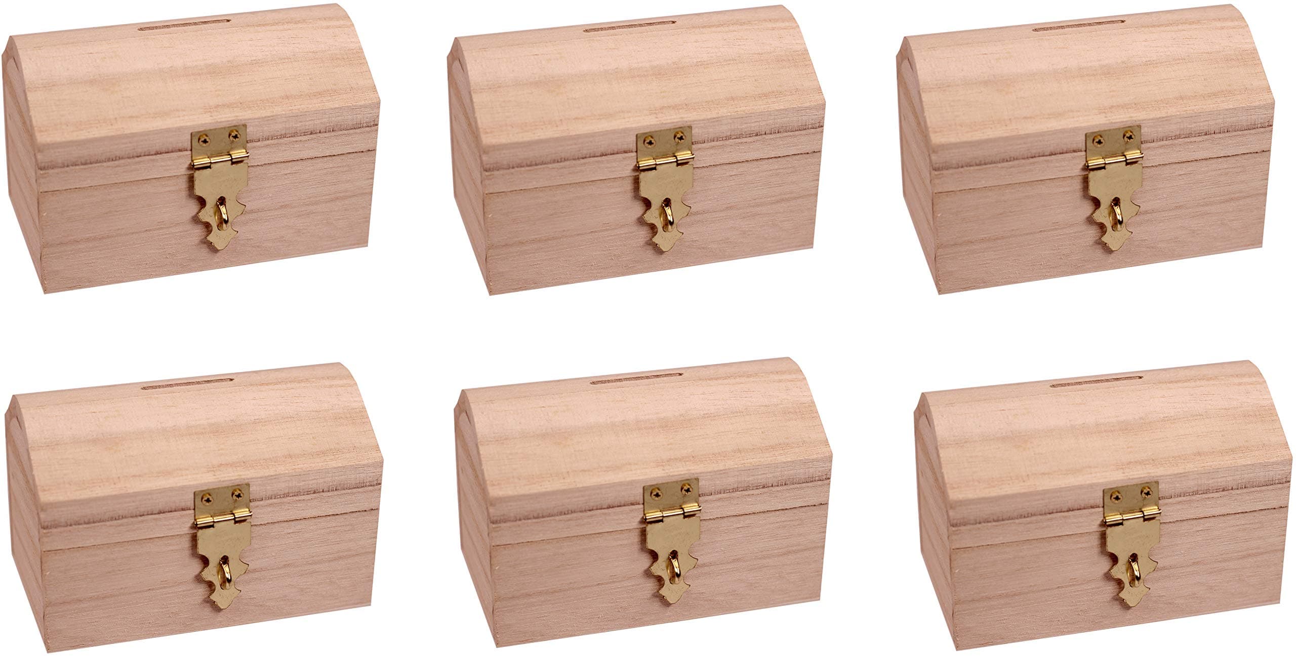 Creative Hobbies Pack of 6 Ready to Decorate Wood Treasure Chest Box Savings Bank with Coin Slot, Hinged Lid and Lockable Front Clasp, DIY Craft