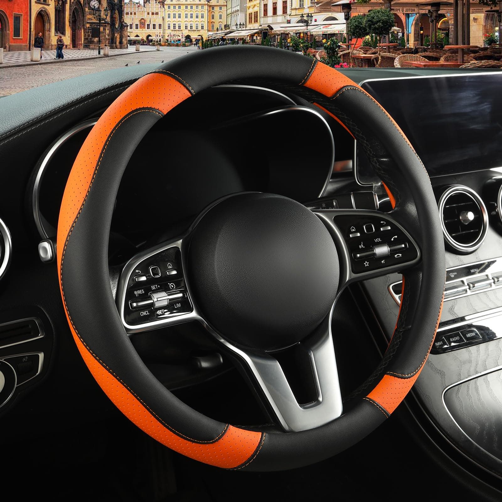 Leather Steering Wheel Cover, Breathable, Anti Slip & Odor Free, Black and Orange
