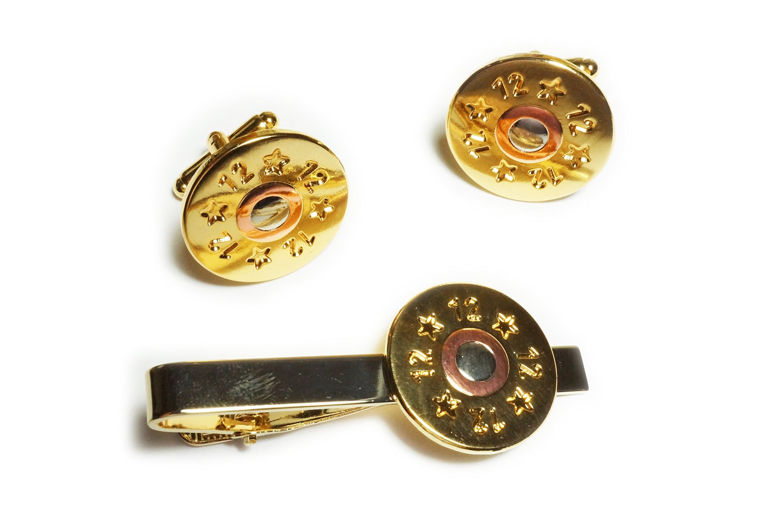 Hunting Collectibles Shotgun 12 GA Gauge Cartridge Shell Suit Wedding Tie Bar Clip Cufflinks Cuff Links Set