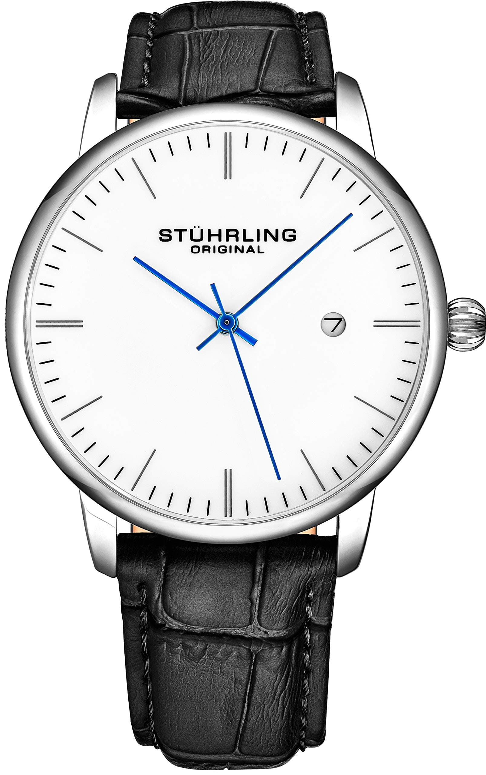 Stuhrling Original Mens Watch Black Leather Strap - Dress + Casual Design - White Analog Watch Dial with Date, 3997Z Watches for Men Collection