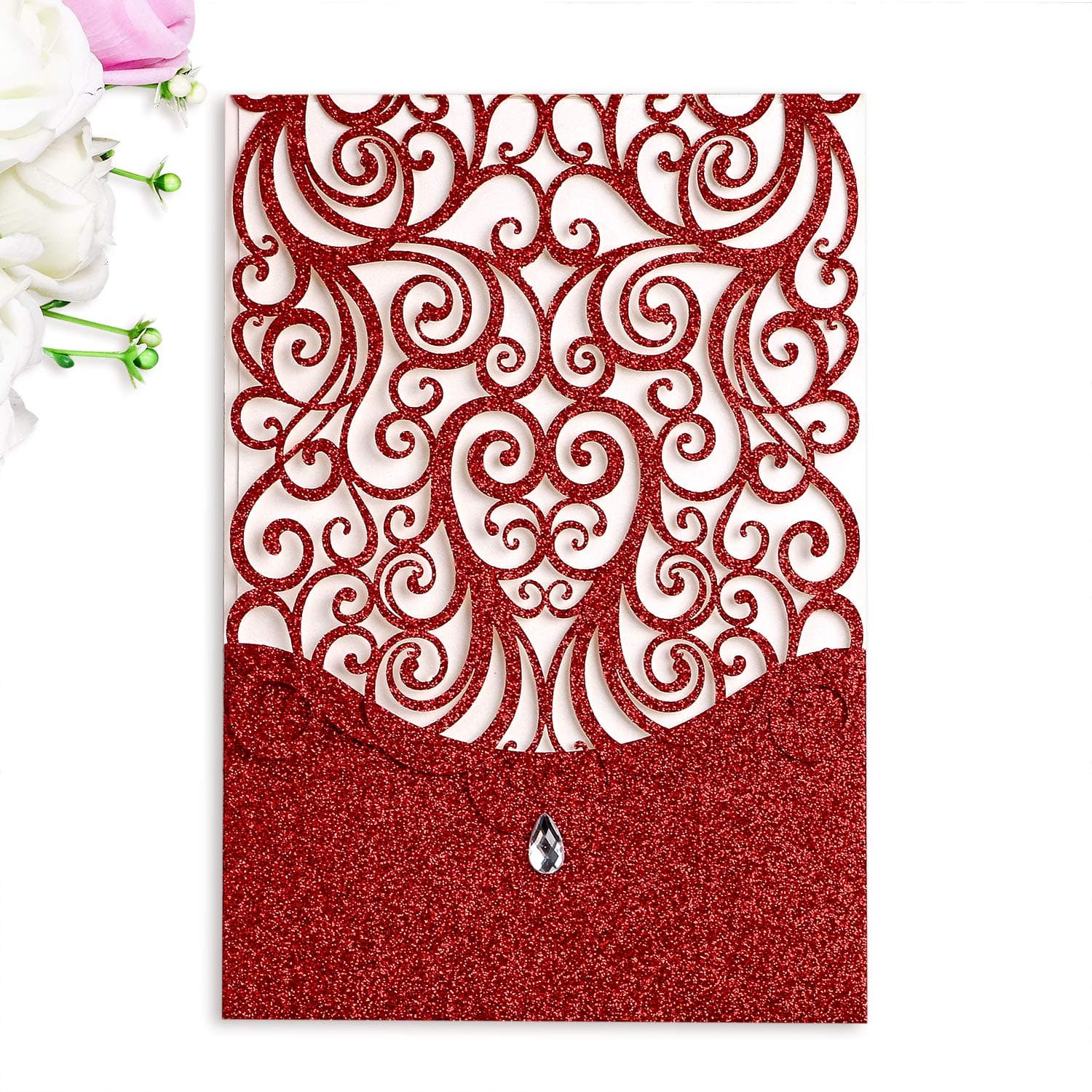PONATIA 25 Pieces 5x7 inches Glitter Laser Cut Wedding Invitations with Envelopes Kits for Wedding Bridal Shower Engagement (Red Glitter)
