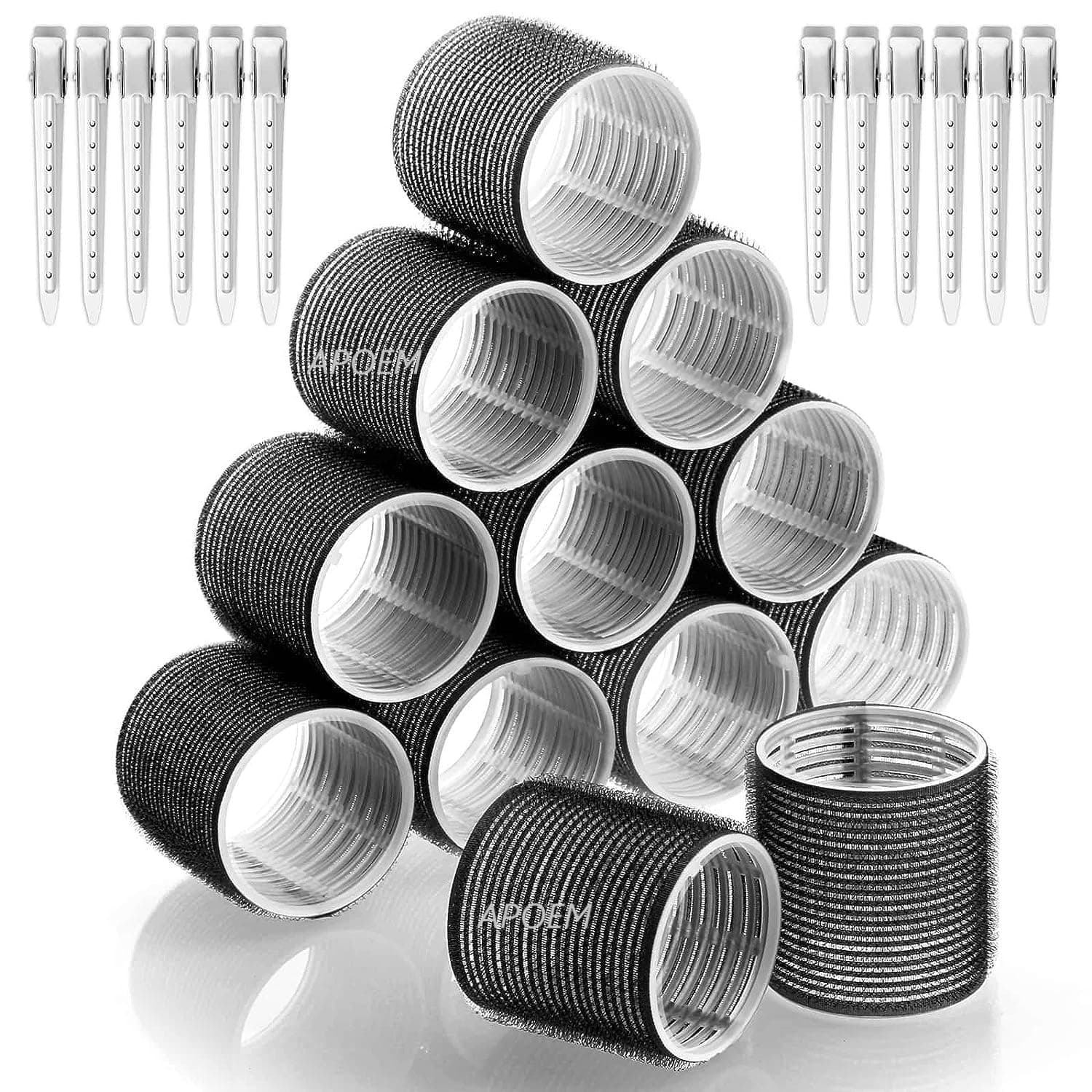 jumbo Hair Curlers Rollers,18Pcs Set with 6 Hair Curlers Self Grip Holding Rollers and 12 Stainless Steel Duckbill Clips for Long Medium Short Thick Fine Thin Hair (Navy Blue) (Black)