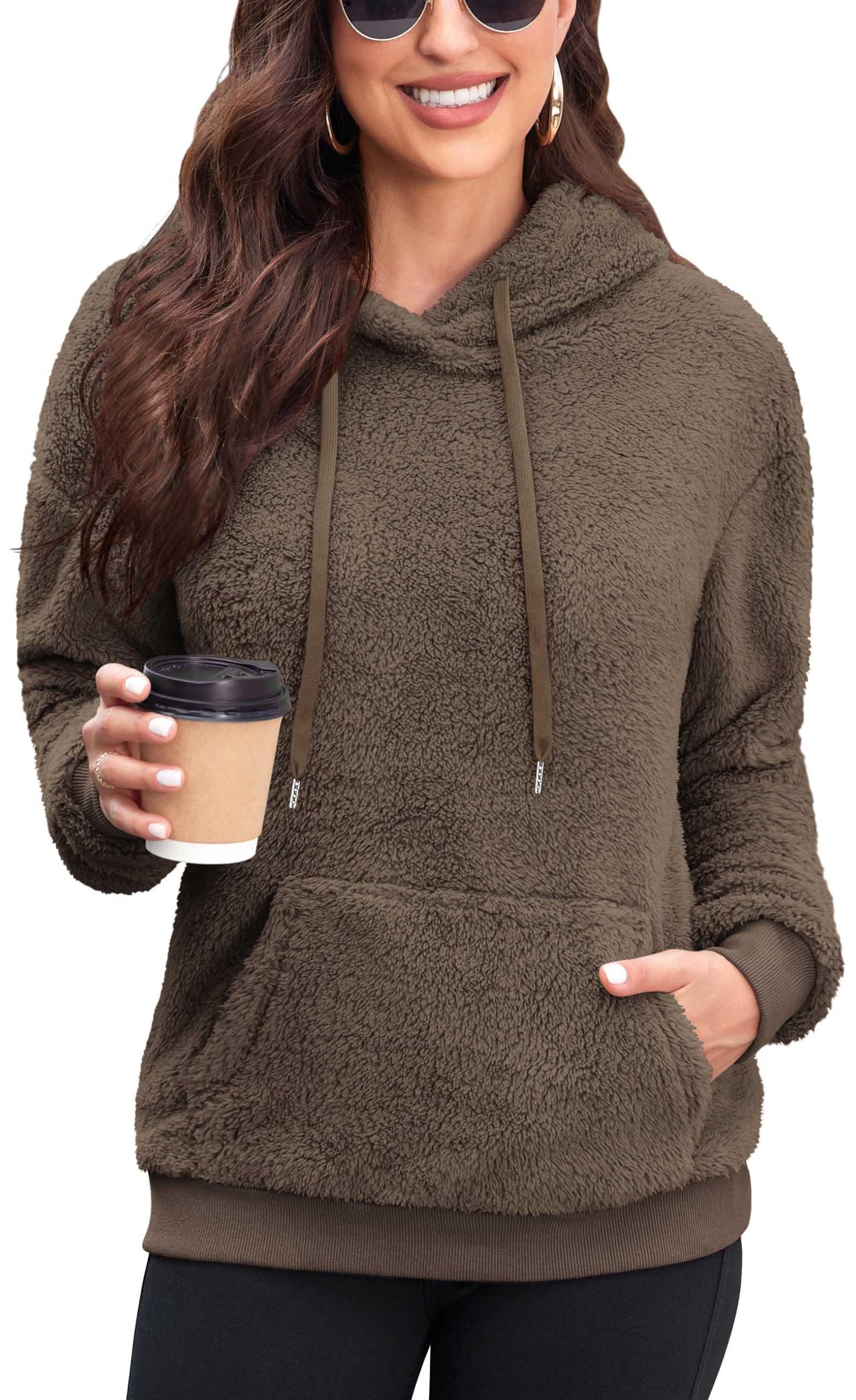 NeineiwuWomen's Pullover Teddy Hoodie Fleece Sweatshirt Loose Jumper Tops with Pocket