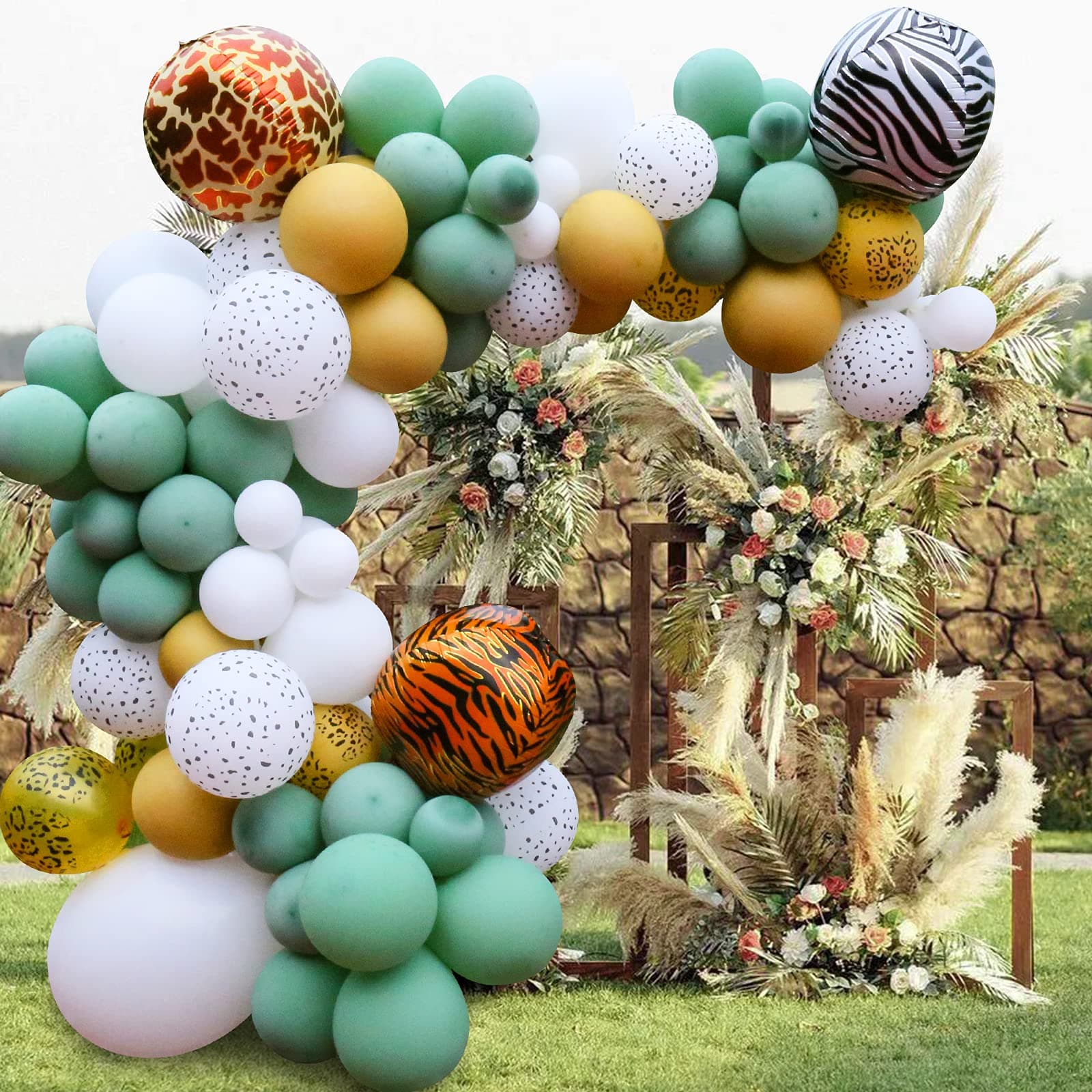 100PCS Safari Jungle Balloon Arch Kit, Green Balloons Garland Kit with Large 4D Foil Animal Balloon, Jungle Theme Balloon Arch with Gold White Spot Balloons for Baby Shower Birthday Party Decoration