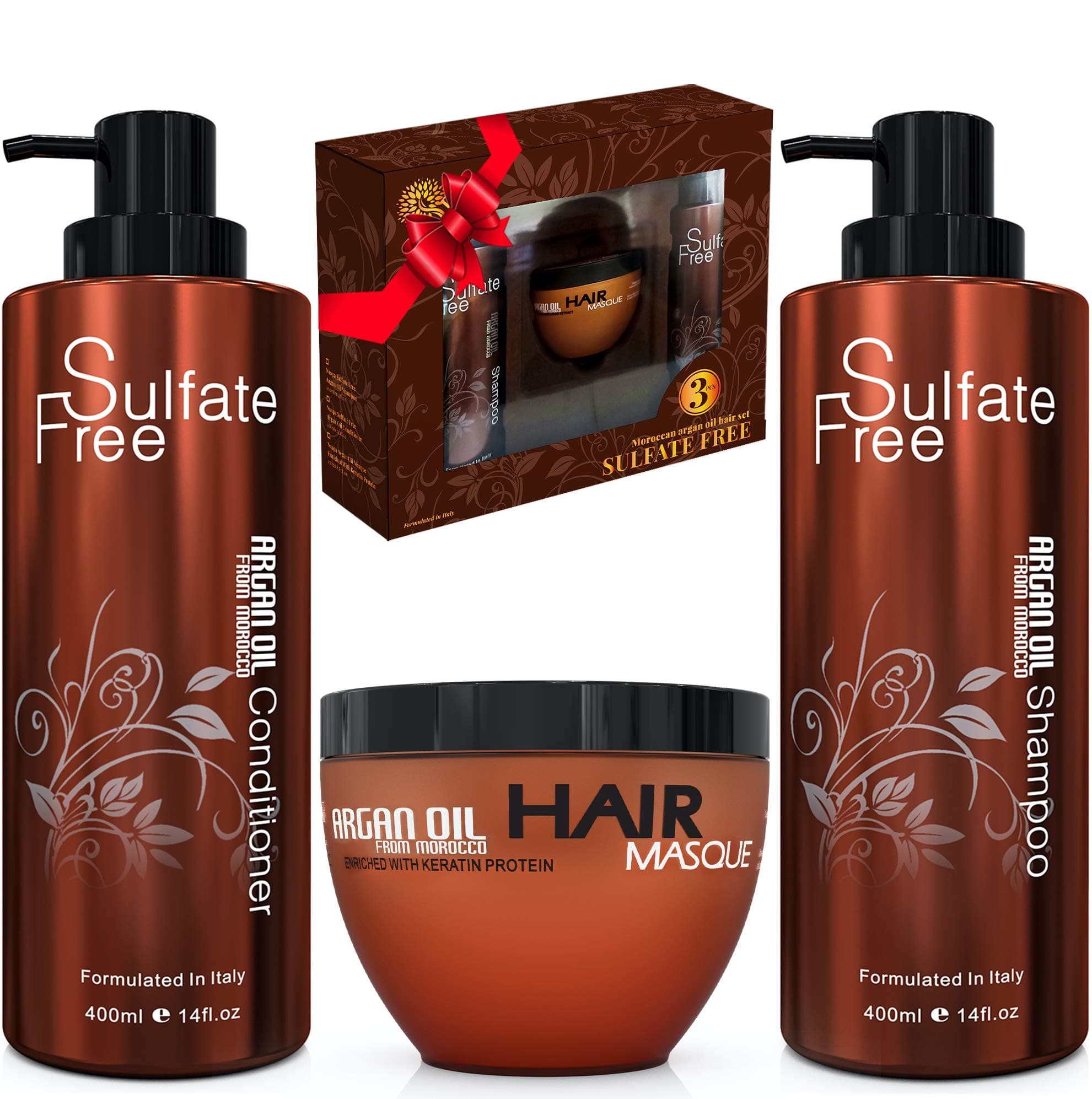 Moroccan Argan Oil Shampoo Conditioner and Mask Set, Sulfate Free for Damaged, Dry, Curly or Frizzy Hair - Thickening for Fine/Thin Hair Safe for Color and Keratin Treated Hair