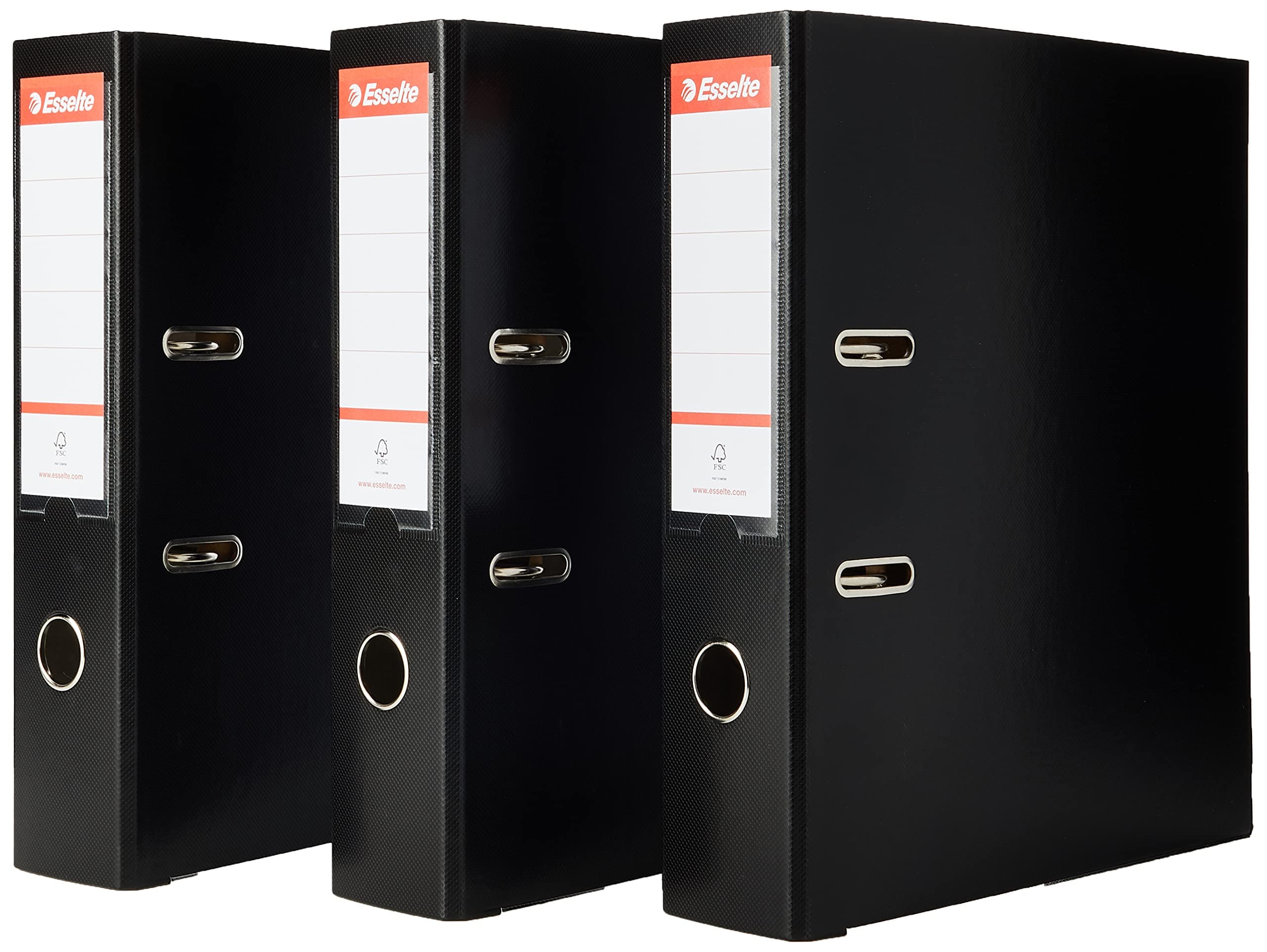 Esselte A4 Lever Arch File, 3-Pack, 550 Sheets Capacity, Durable PP Plastic Cover with Interchangeable Label Holder, Metal Reinforcements, Ring Binder, Office File Organiser, Black (624294)