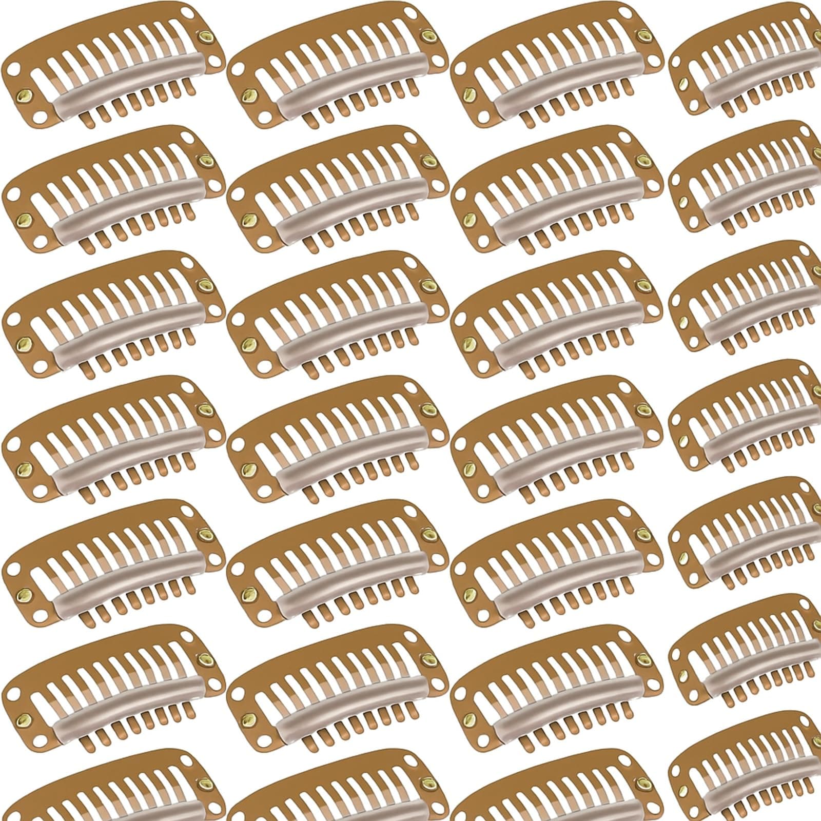 WILLBOND 30 Pieces 32 mm 9-teeth Hair Extension Clips Hair Extension Wigs Snap Clips Comb Small Snap Wig Accessories for Women DIY(Light Brown)