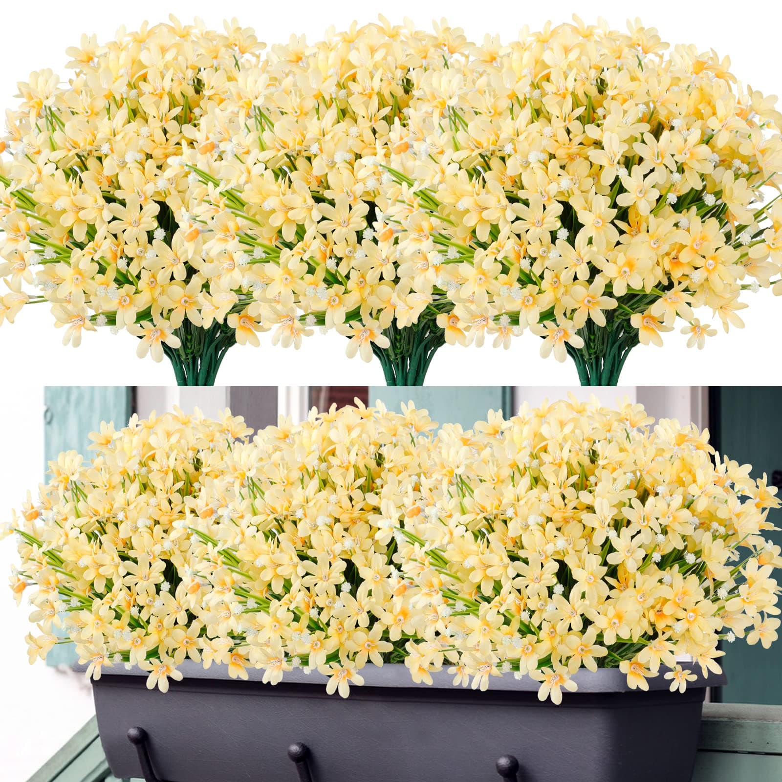 8 Bundles Artificial Daffodils Flowers Outdoor UV Resistant Fake Flowers Faux Flowers Shrubs for Indoor Outside Garden Porch Window Box Home Office Wedding Decor (Yellow, 8PCS)