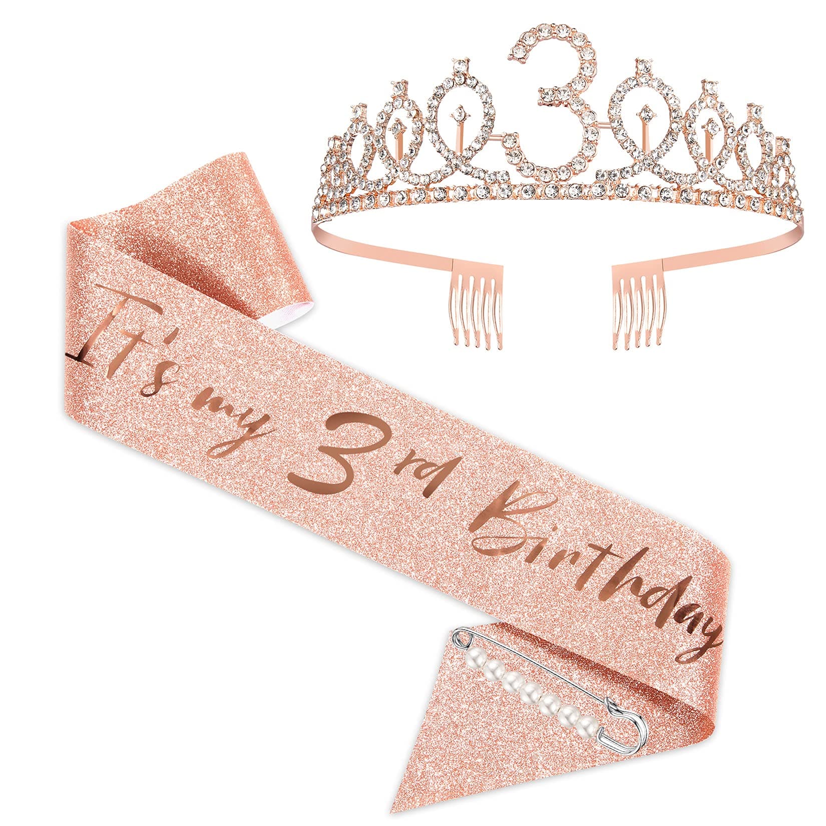 3rd Birthday Sash and Tiara for Girls, Rose Gold Birthday Sash Crown 3 & Fabulous Sash and Tiara for Girls, 3rd Birthday Gifts for Happy 3rd Birthday Party Favor Supplies