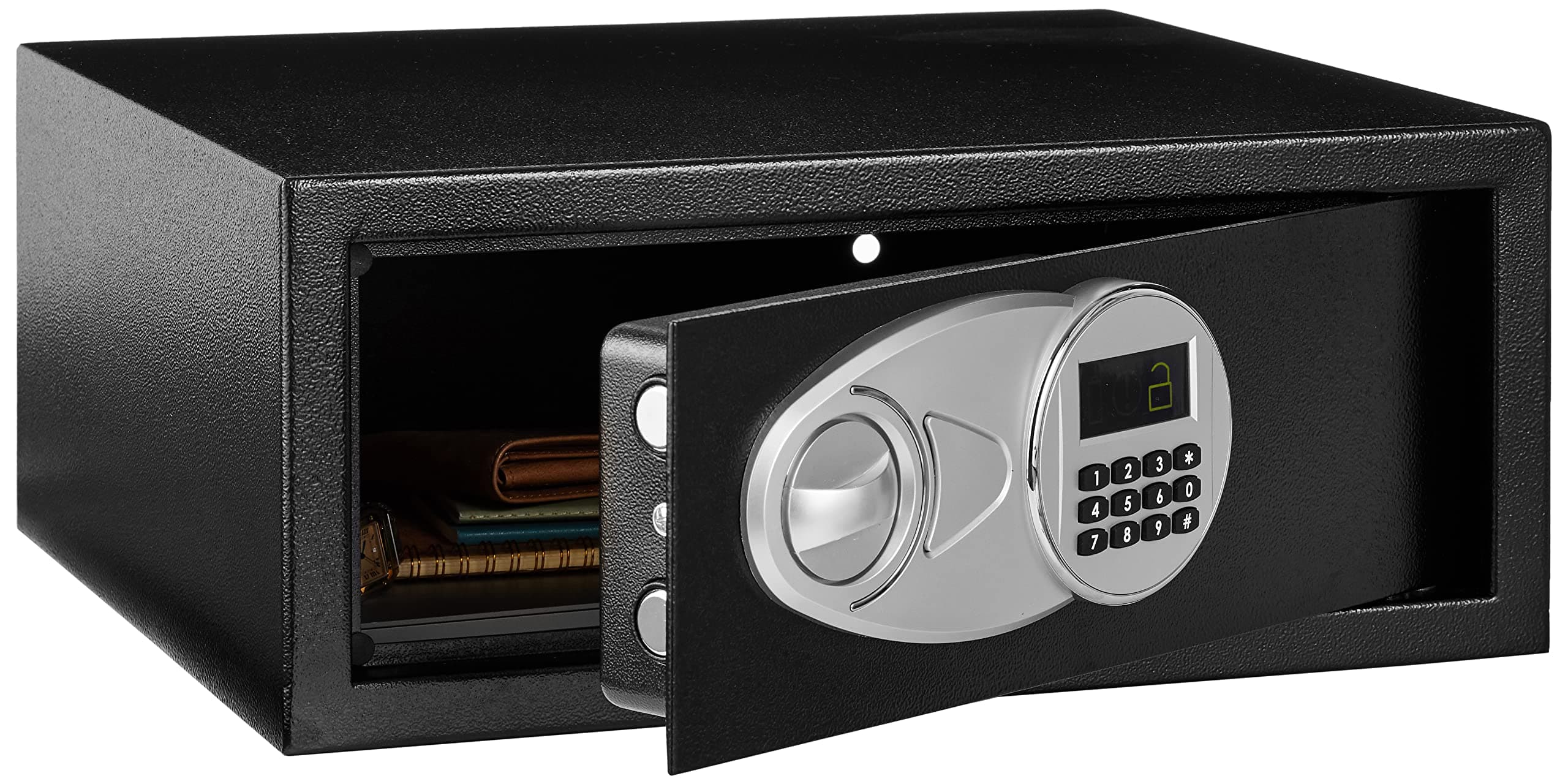 Amazon Basics Steel Security Safe and Lock Box with Digital Keypad, Electronic Lock, Emergency Key Open, Secure Cash, Jewelry, Documents, Black, 0.7 Cubic Feet, 16.9-x-14.6-x-7.1-inches (WxDxH)