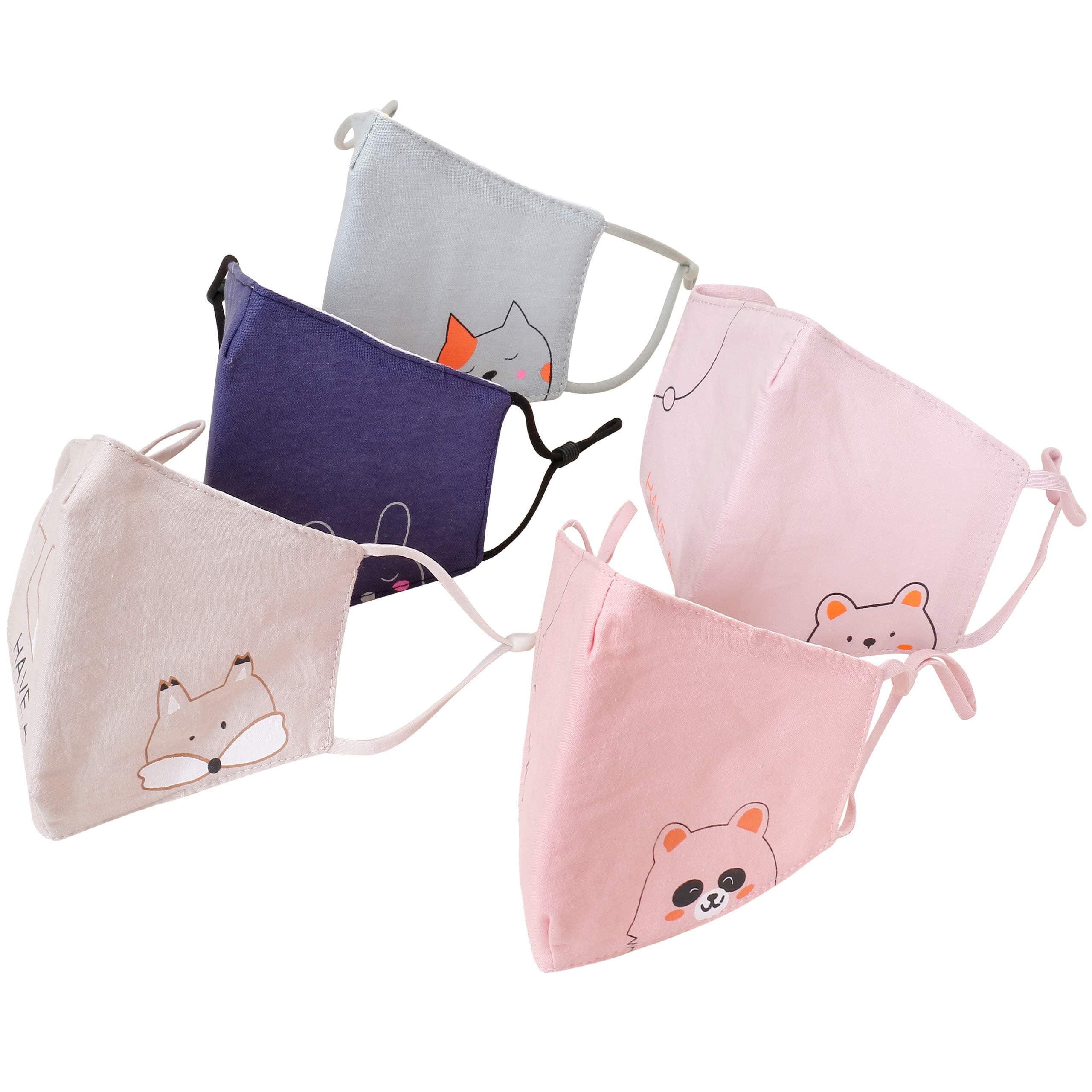 5 pcs Kids Face Masks, Mouth and Nose Cover, Washable Cloth Mask for Children, Adjustable Elastic Strap, Breathanle, Reusable, 100% Cotton