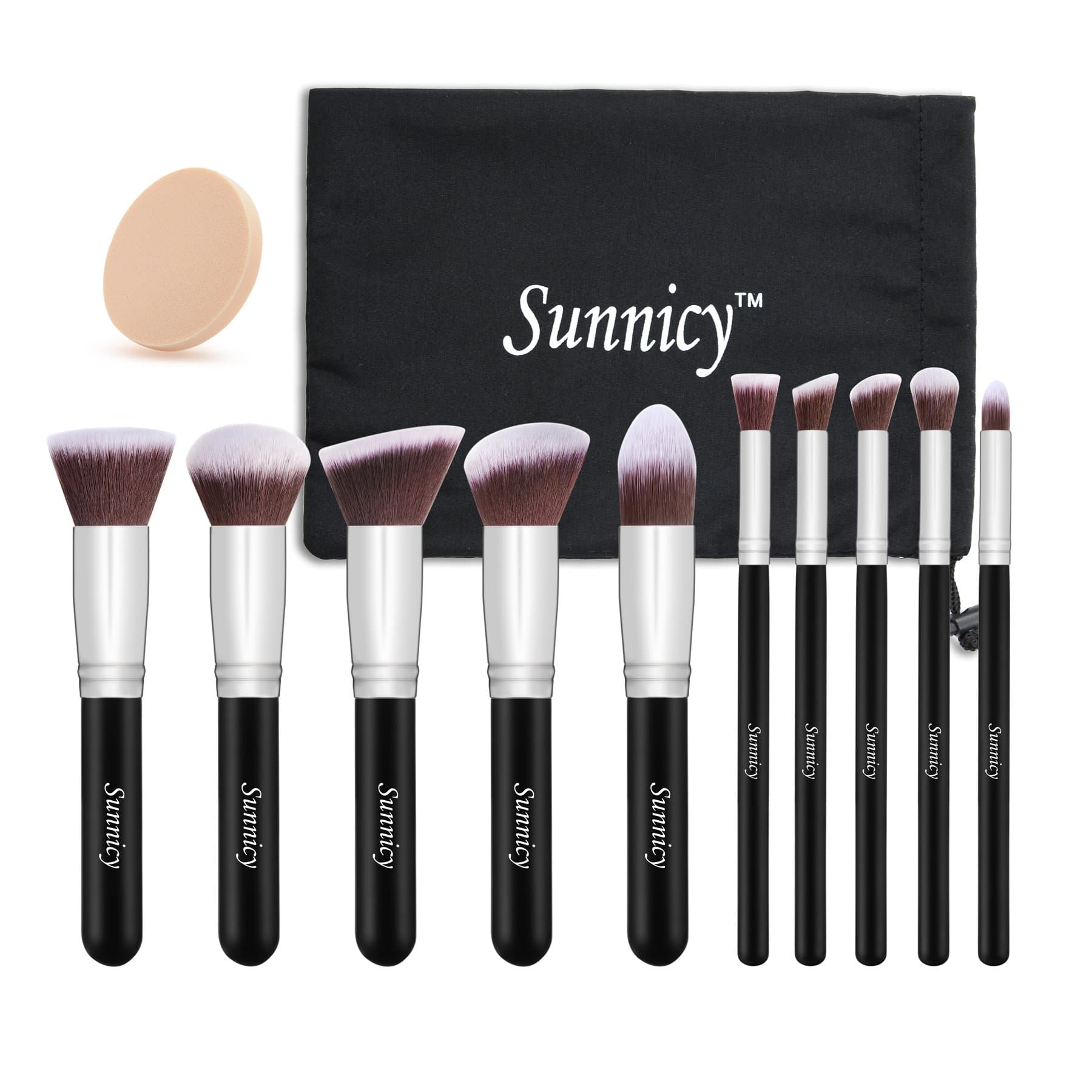 Sunnicy Makeup Brush 10 pcs Kabuki Makeup Brush Set Cosmetics Foundation Blending Liquid, Cream & Mineral Contouring Blush Eyeliner Face Powder Brush Makeup Brush Kit (Black + Silver Handle)