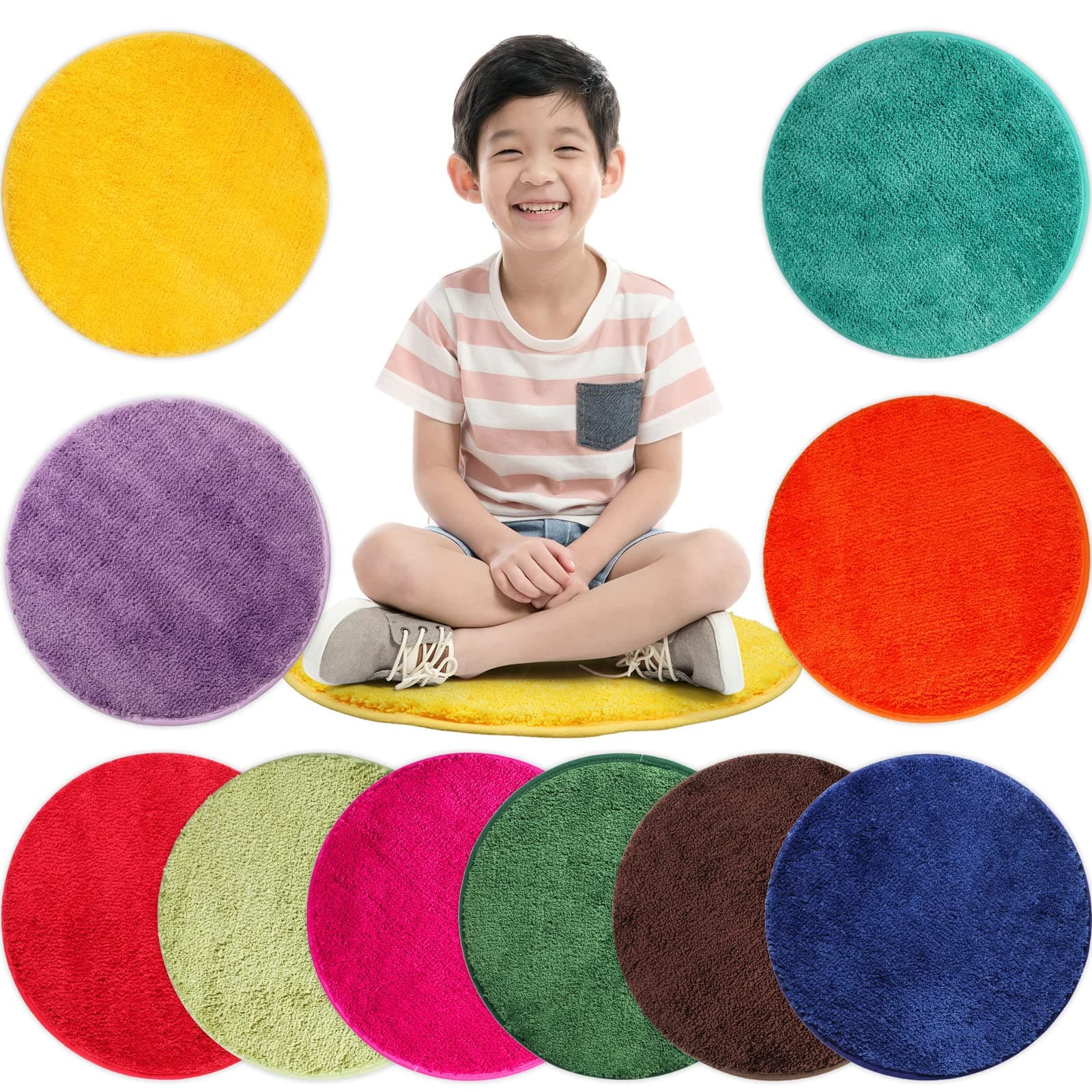 Nuogo 10 Pieces Kids Crazy Carpet Seats Rainbow Floor Rug Mats Warm Colorful Soft Floor Cushions for Home Classroom School Story Time Group Activity Spot Marker Play Areas (Round)