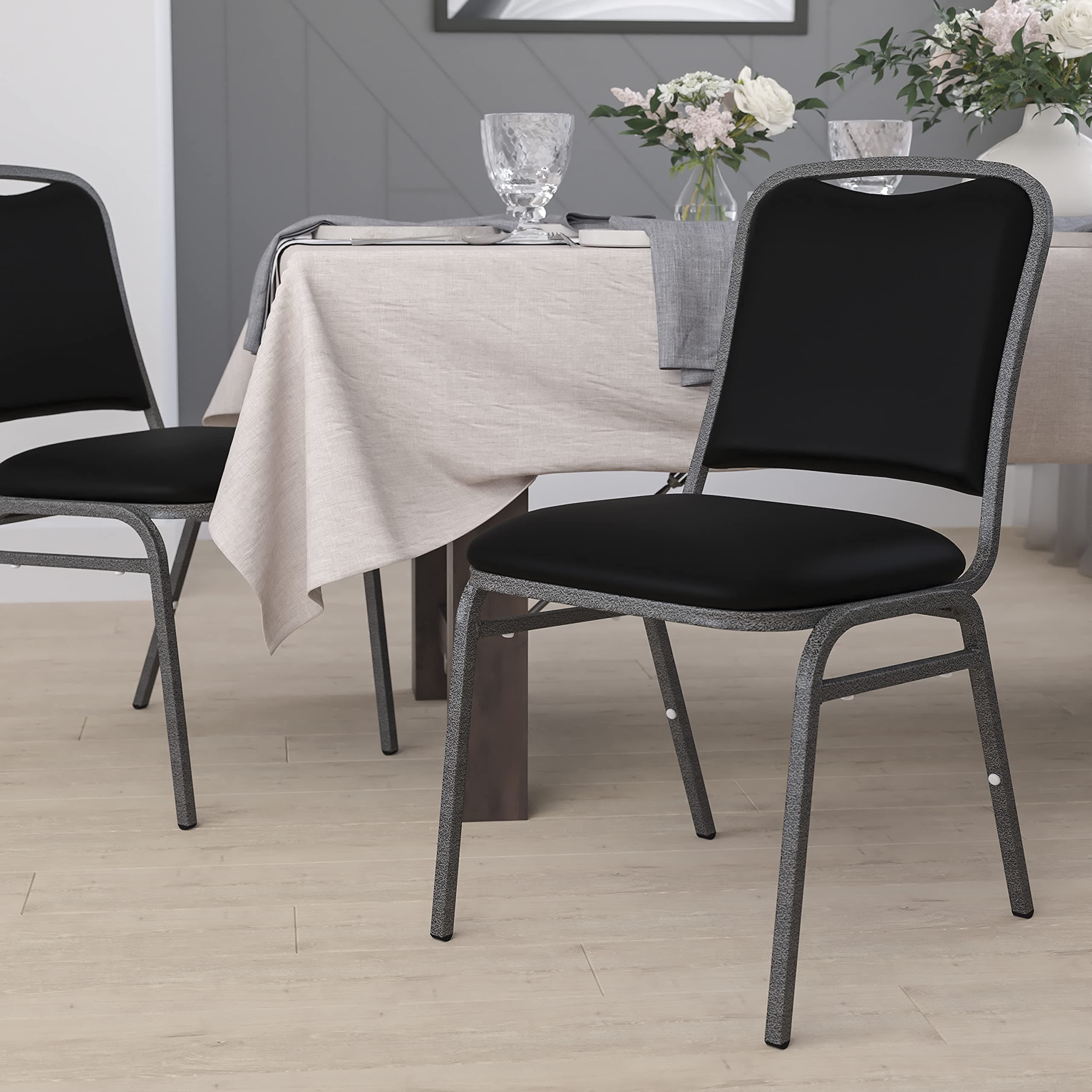 BizChair Stacking Banquet Chair in Black Vinyl - Silver Vein Frame