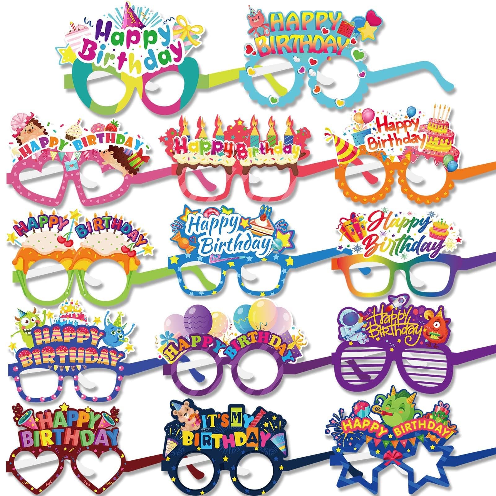 Paper Happy Birthday Glasses, Funny Photo Booth Props, Colorful Kids & Adult Birthday Party Accessories 24pcs