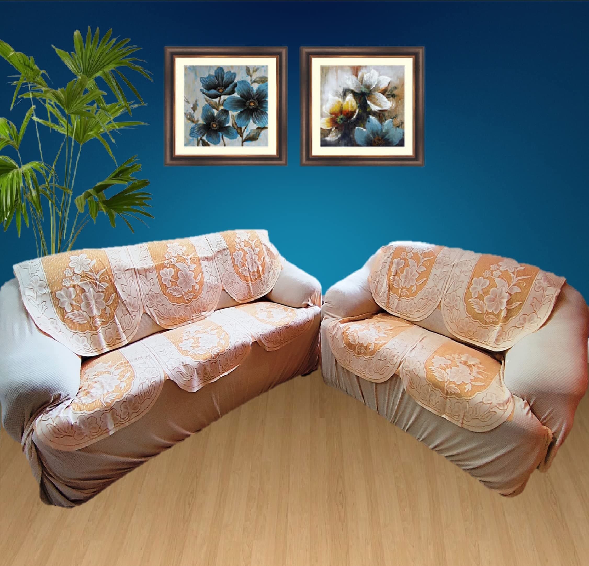 Fab Nation Premium 1 Sofa Covers for 5 Seat Sofa Set in Net Polyester Textured Fabric in Brown & Yellow Floral Sofa Cover