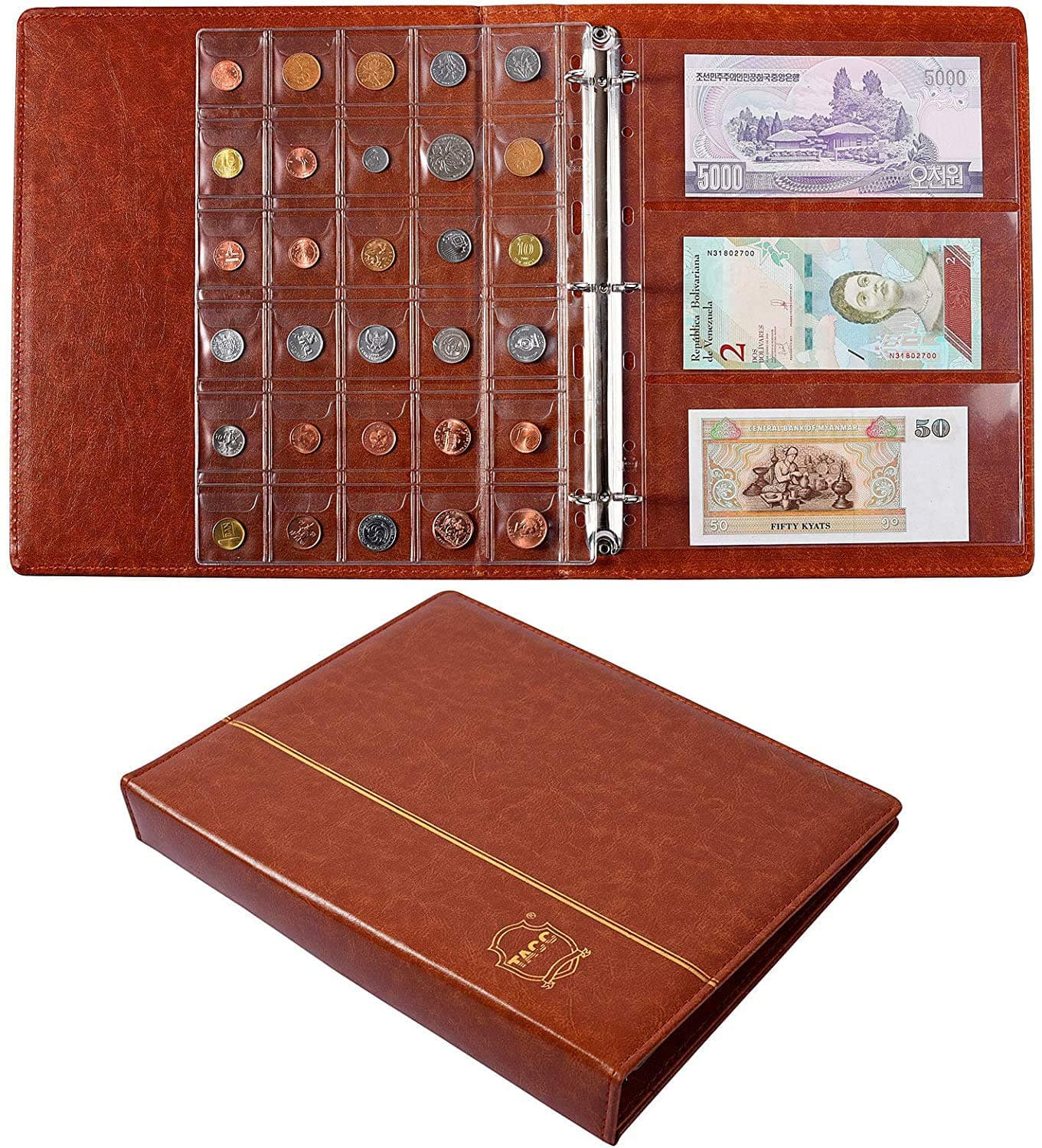 DELFINO Leather Currency Collection, 120 Pieces Coin Collecting Holder Album, 24 Pieces Paper Money Currency Collection Supplies Holders, Large Storage Book for Collectors, Bill Commemorative