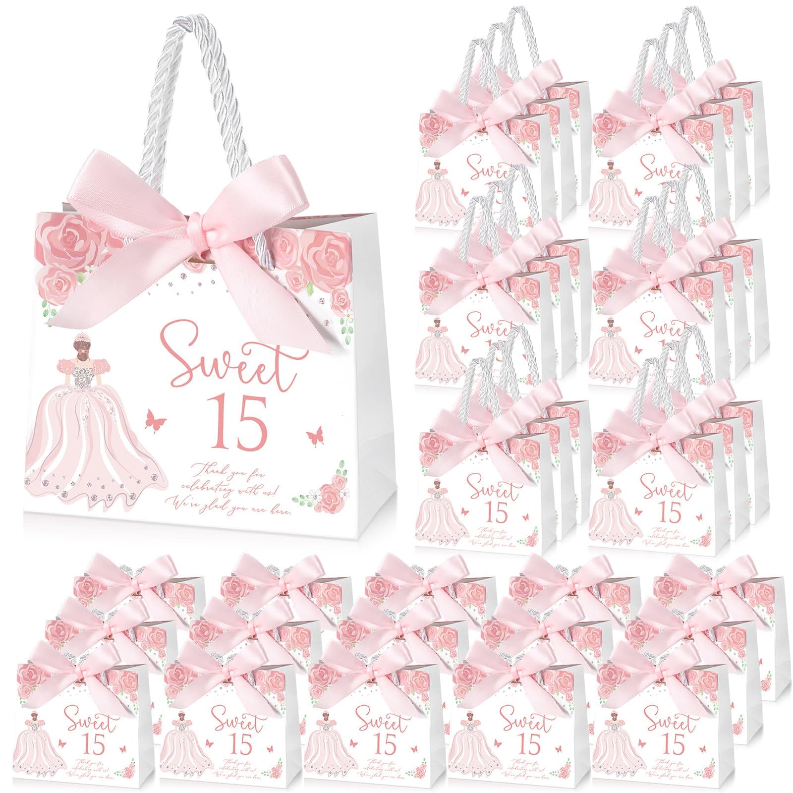 Skyygemm 25 Sets Quinceanera Gift Bag with Handles Quinceanera Party Favors for Guests Small Candy Bag with Bow Ribbon Decoration Sweet 15 Birthday Party Favor (Pink)