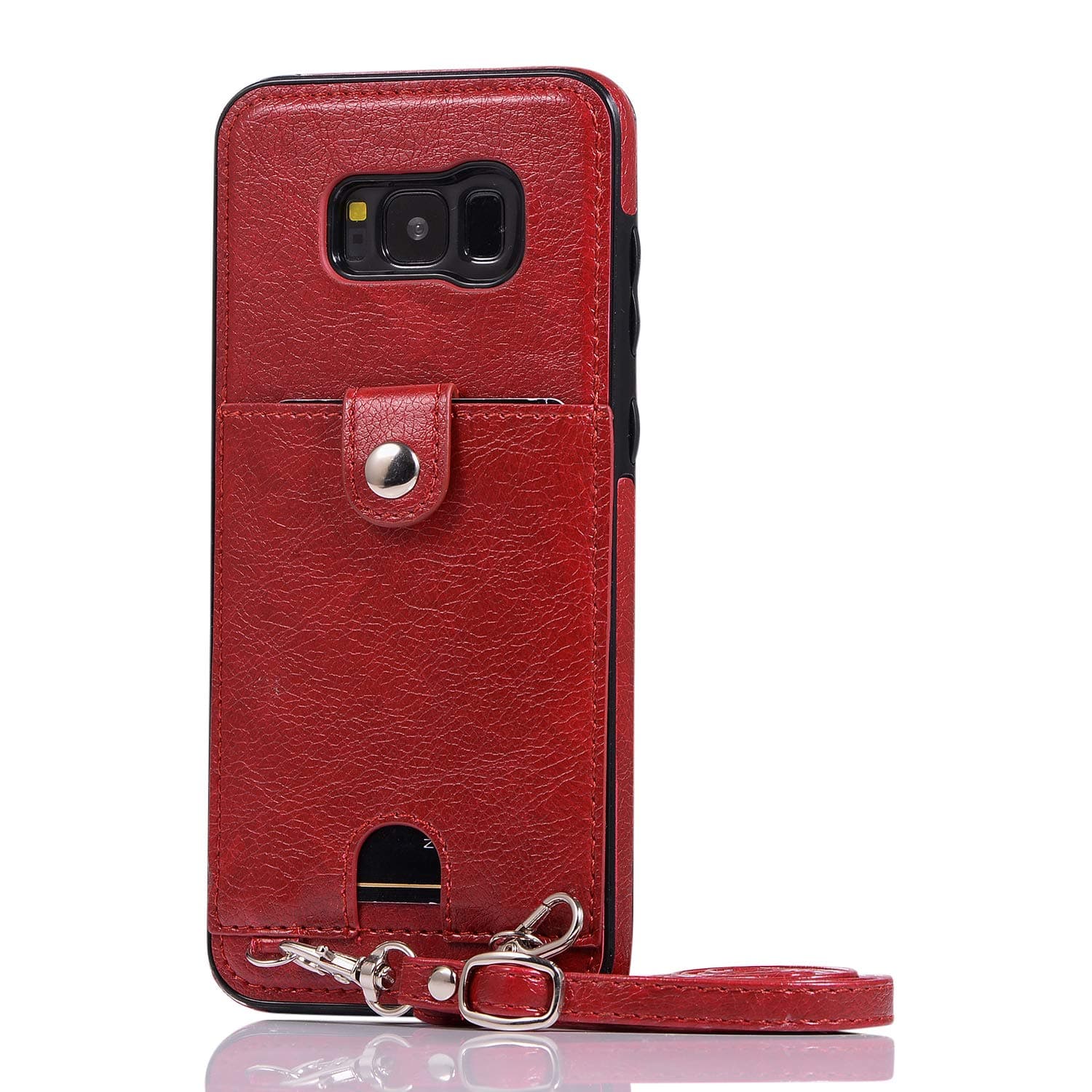 Galaxy S8 PU Wallet Cover Card Holder Slot Protective Crossbody Chain Strap 5.8" (Samsung Galaxy S8, Red)