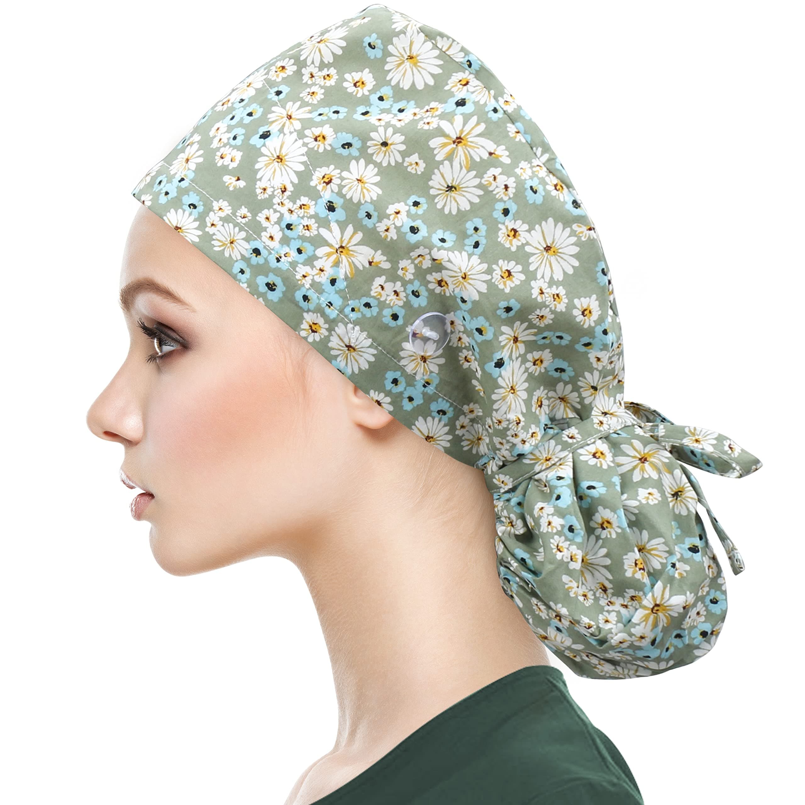 QBA Adjustable Working Cap with Button, Satin-Lined Hat, Cotton Working Hat Sweatband, Elastic Tie Back Hats Unisex