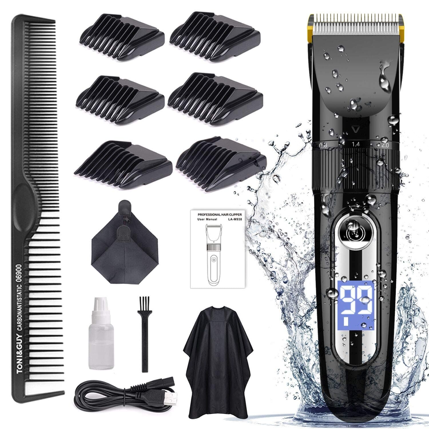 Hair Clippers for Men Cordless Professional, GOOLEEN Hair Clipper Set Beard Trimmer Hair Trimmer IPX7 Waterproof Rechargeable Electric Haircut Kit with Hairdressing Cape LCD Display