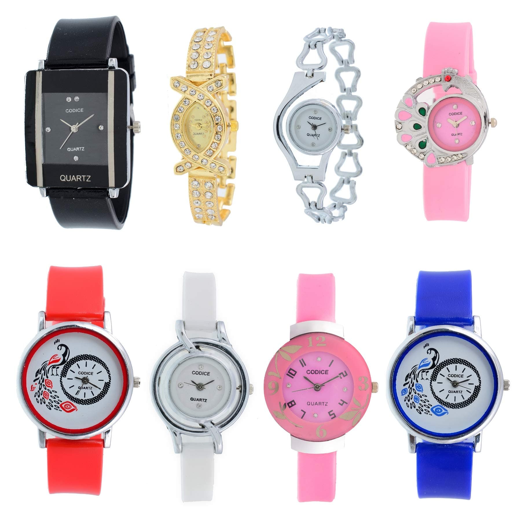 CODICE Analogue Black, Blue, Pink, White, Red, Golden Dial Watches for Girls Combo of 8