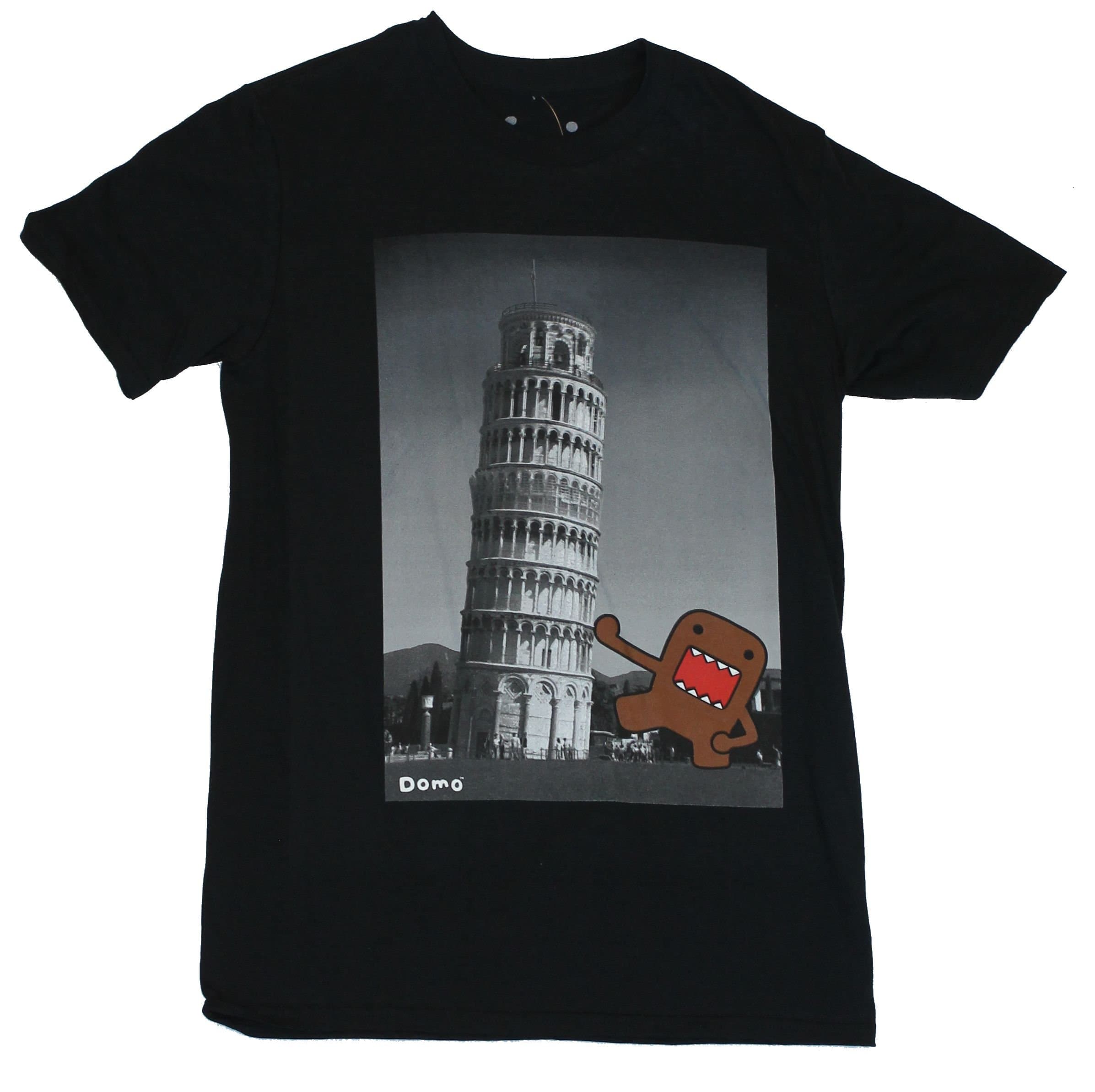 Domo (Everybody's Favorite Cuddly Japaneese Weirdo) Mens T-Shirt - Domo Attacks the Leaning Tower of Pisa on Black (Extra Large)