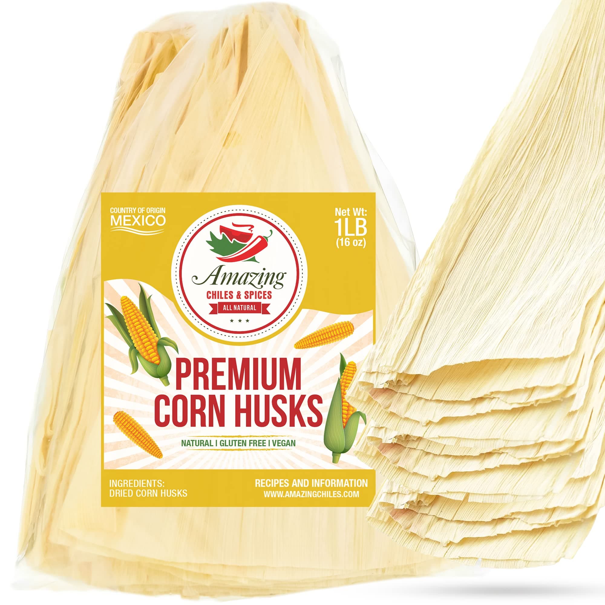 Corn Husks For Tamales 1 LB (16oz) - Natural and Premium Dried Corn Husk Tamale Wrappers | Perfect Hojas Para Tamal for Authentic, Flavorful Tamales | By Amazing Chiles and Spices