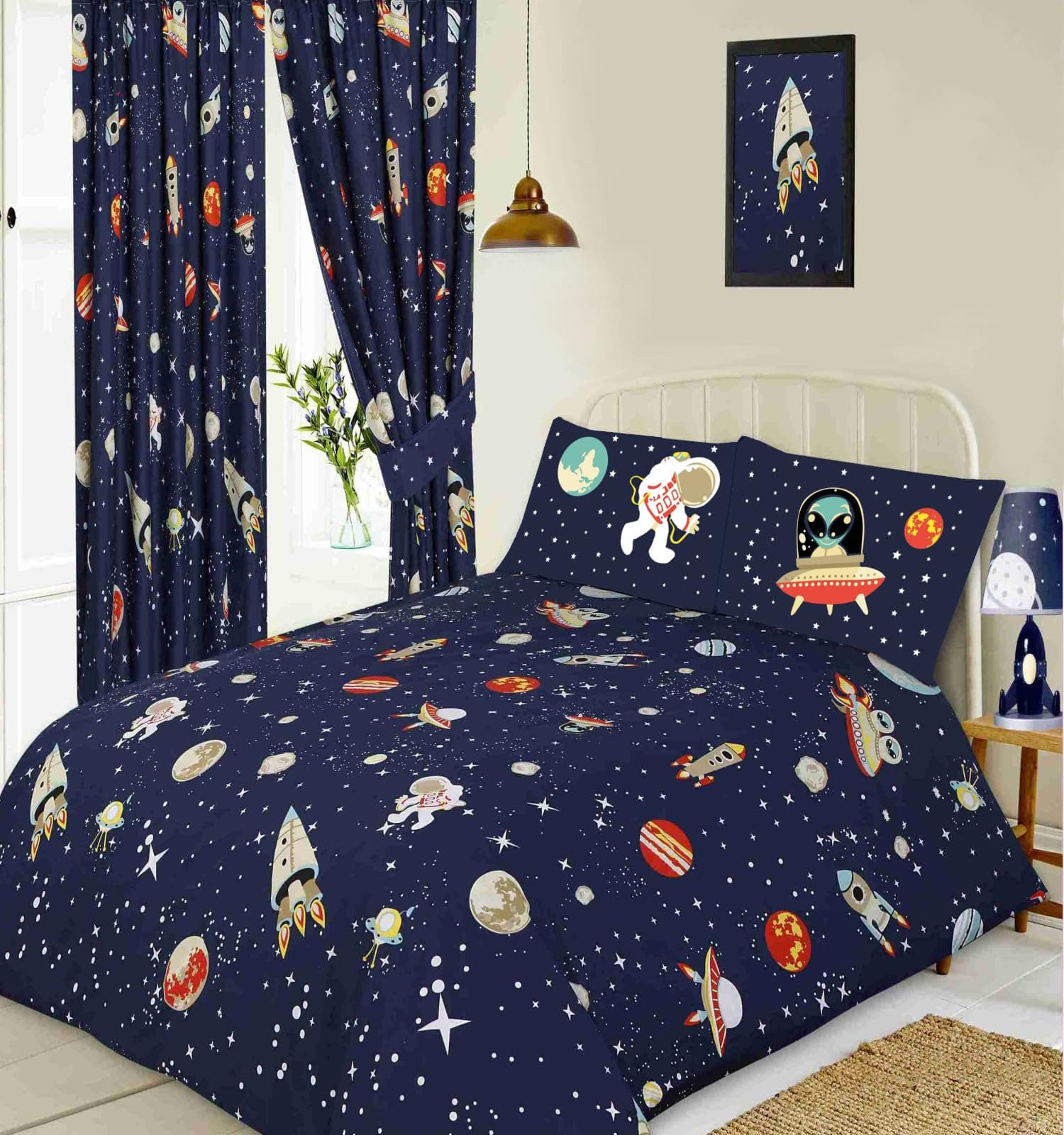 Single Bed Space, Duvet/Quilt Cover Set, Novelty Kids Galaxy Stars Planets Alien Spaceship Moon, Navy Blue Orange Yellow Grey White