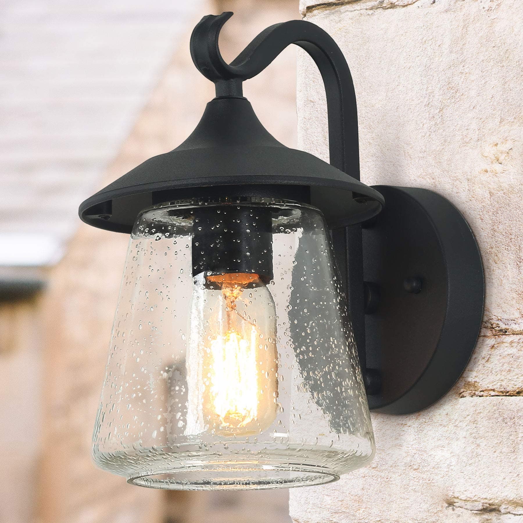 Outdoor Wall Light，Farmhouse Exterior Lantern in Black with Seeded Glass for Porch Barn A03356, 1-Light Light