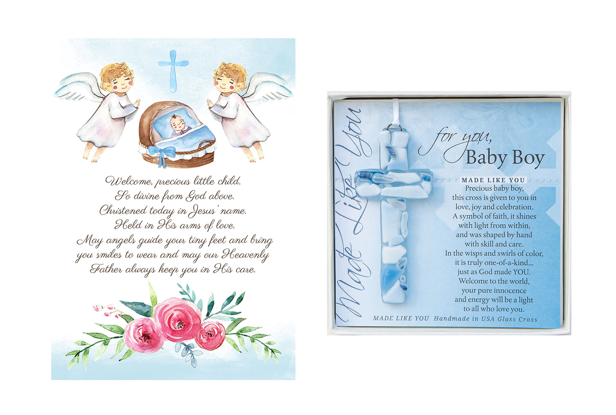 Christening Gifts For Boys Gift Set Blue Handmade in USA Glass Cross for Baby Boys and Made in USA Baptism Prayer Card for Boys Great Baptism Gifts for Boys from Godmother