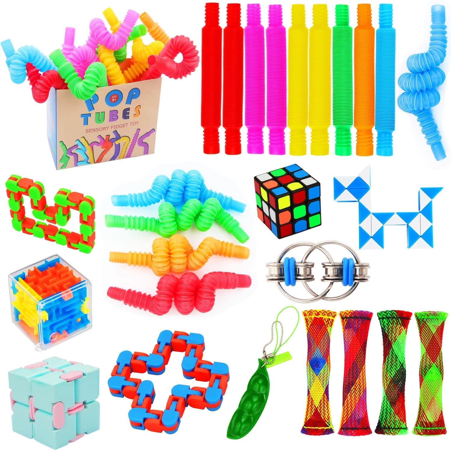 Marble Fidget Keychain Snake Cube Infinity Cube Squeeze-a-Bean Keyring Pea Keychain Pop Tubes Gift