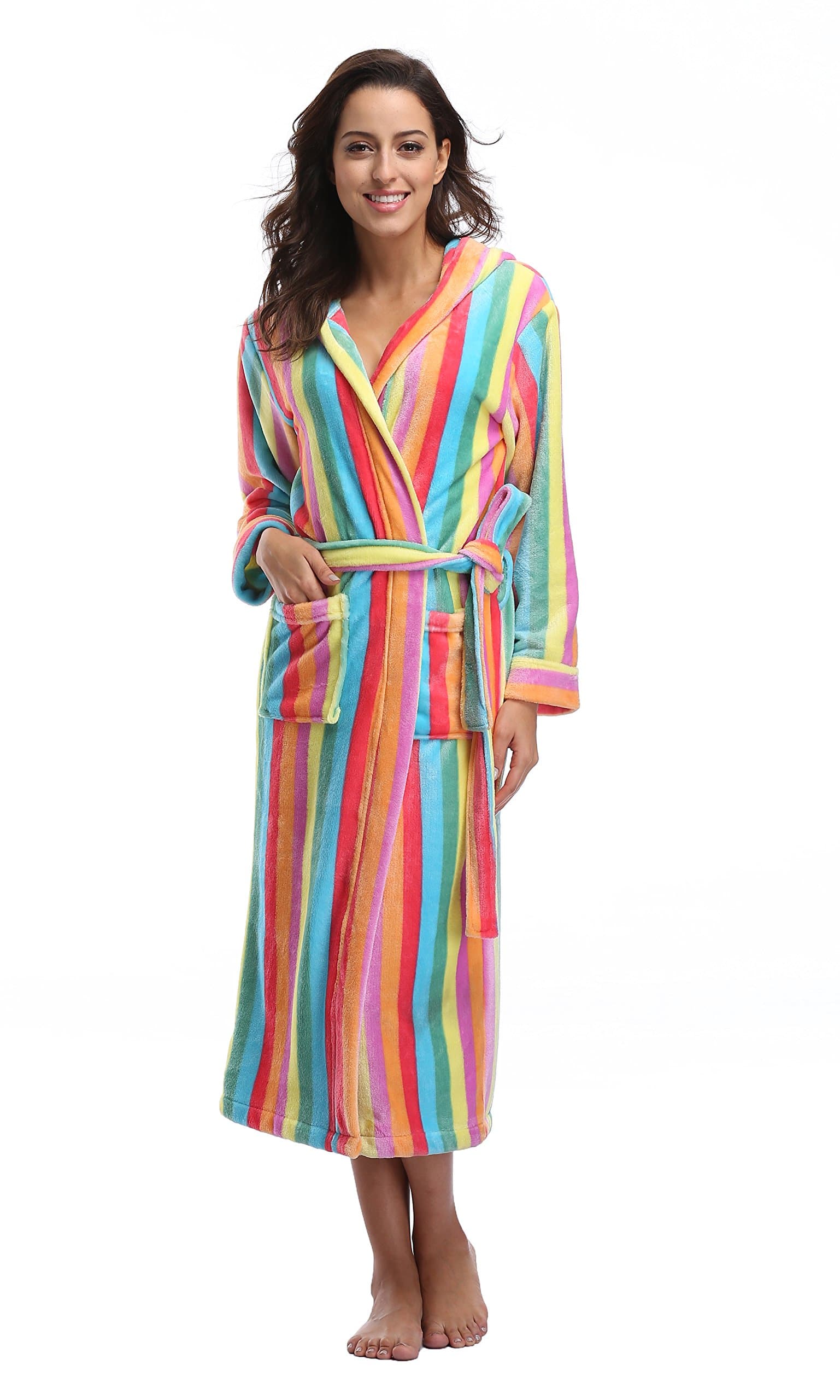 Sunnyhu Women's Cozy Hooded Long Robe, Fleece Bathrobe