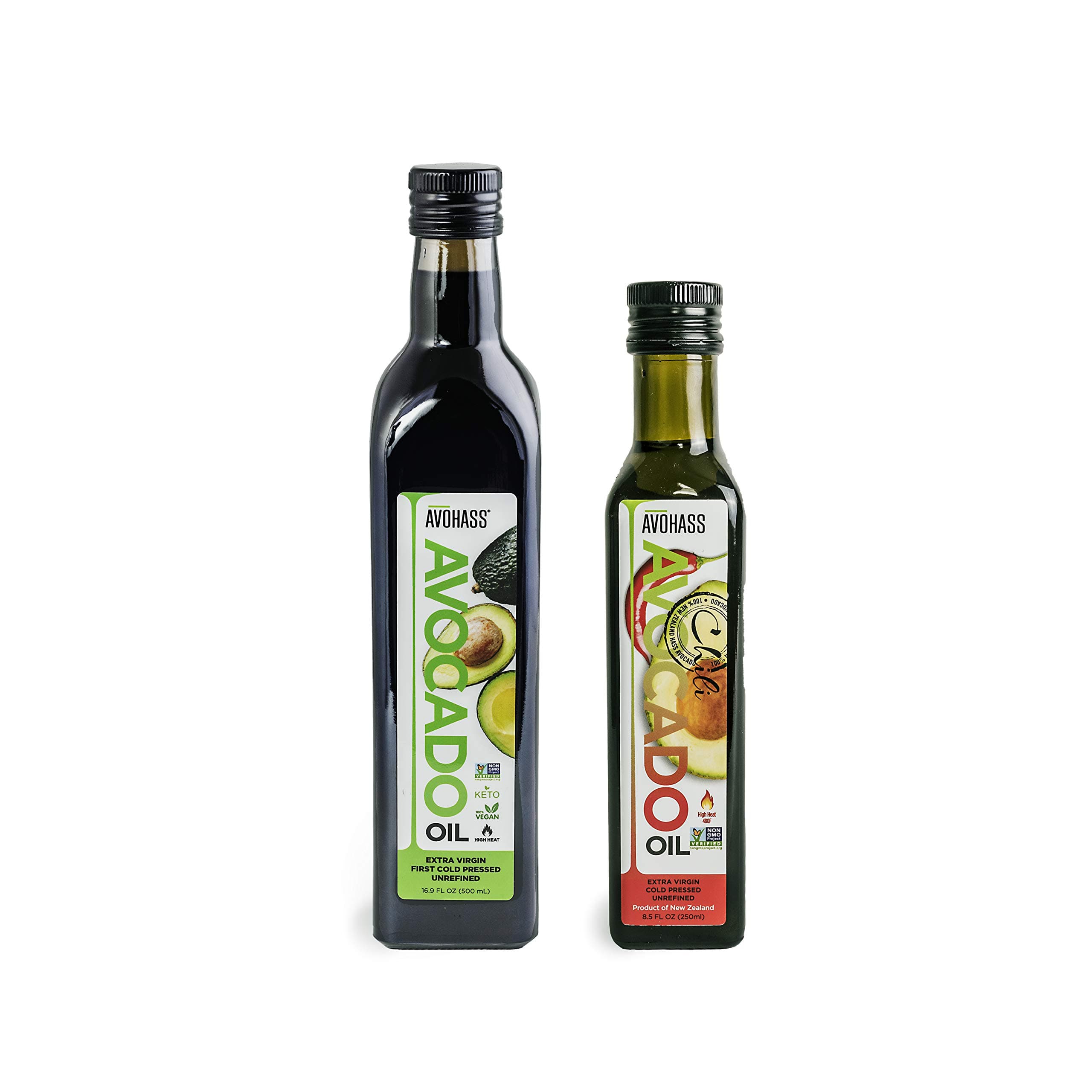 Avohass New Zealand Extra Virgin Avocado Oil 16.9 Fl Oz Bottle and Avohass New Zealand Chili Extra Virgin Avocado Oil 8.5 Fl Oz Bottle (Extra Virgin, Chili, 2 Pack)
